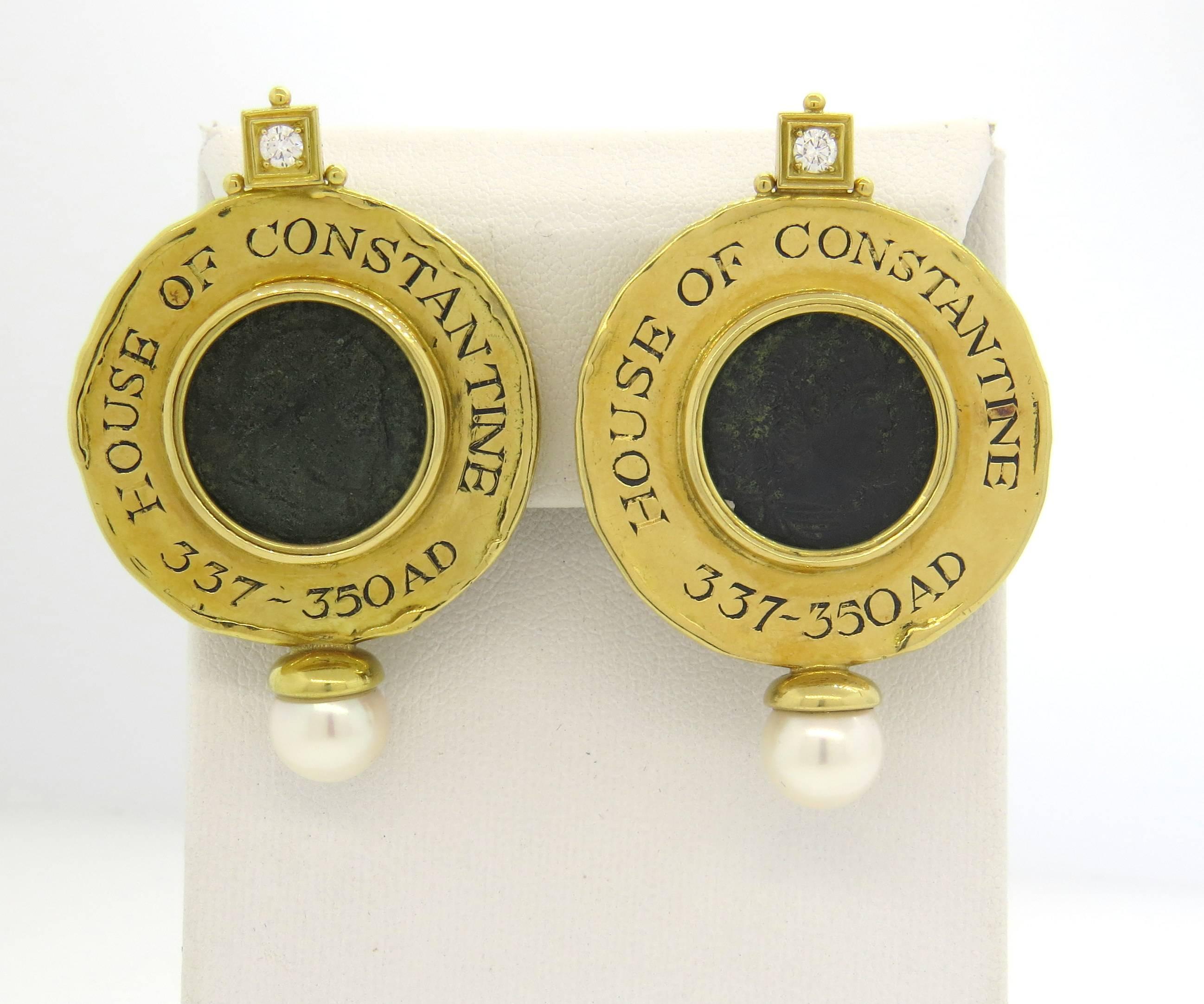 Large 18k yellow gold earrings, crafted by Elizabeth Gage, decorated with 17mm ancient coin in the center, 8.8mm pearls and 0.10ct G/VS diamond each. Earrings are 50mm long x 33mm wide. Marked Gage, English gold marks, House of Constantine 337-350