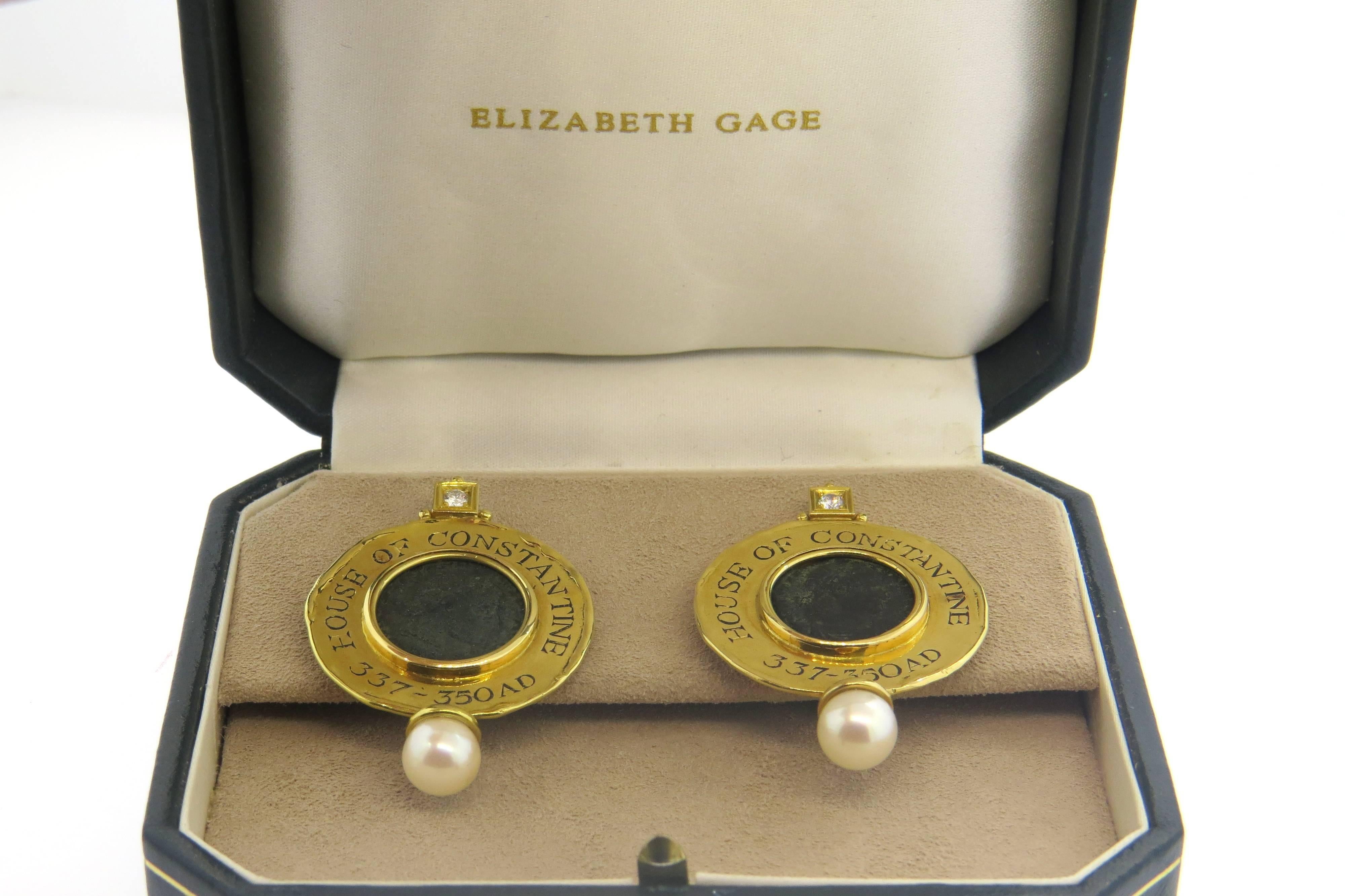 Large Elizabeth Gage Ancient Coin Diamond Pearl Gold Earrings  In Excellent Condition In Lambertville, NJ