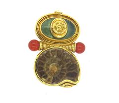 Elizabeth Gage Gold Carnelian Pearl Fossilized Shell Brooch Pin