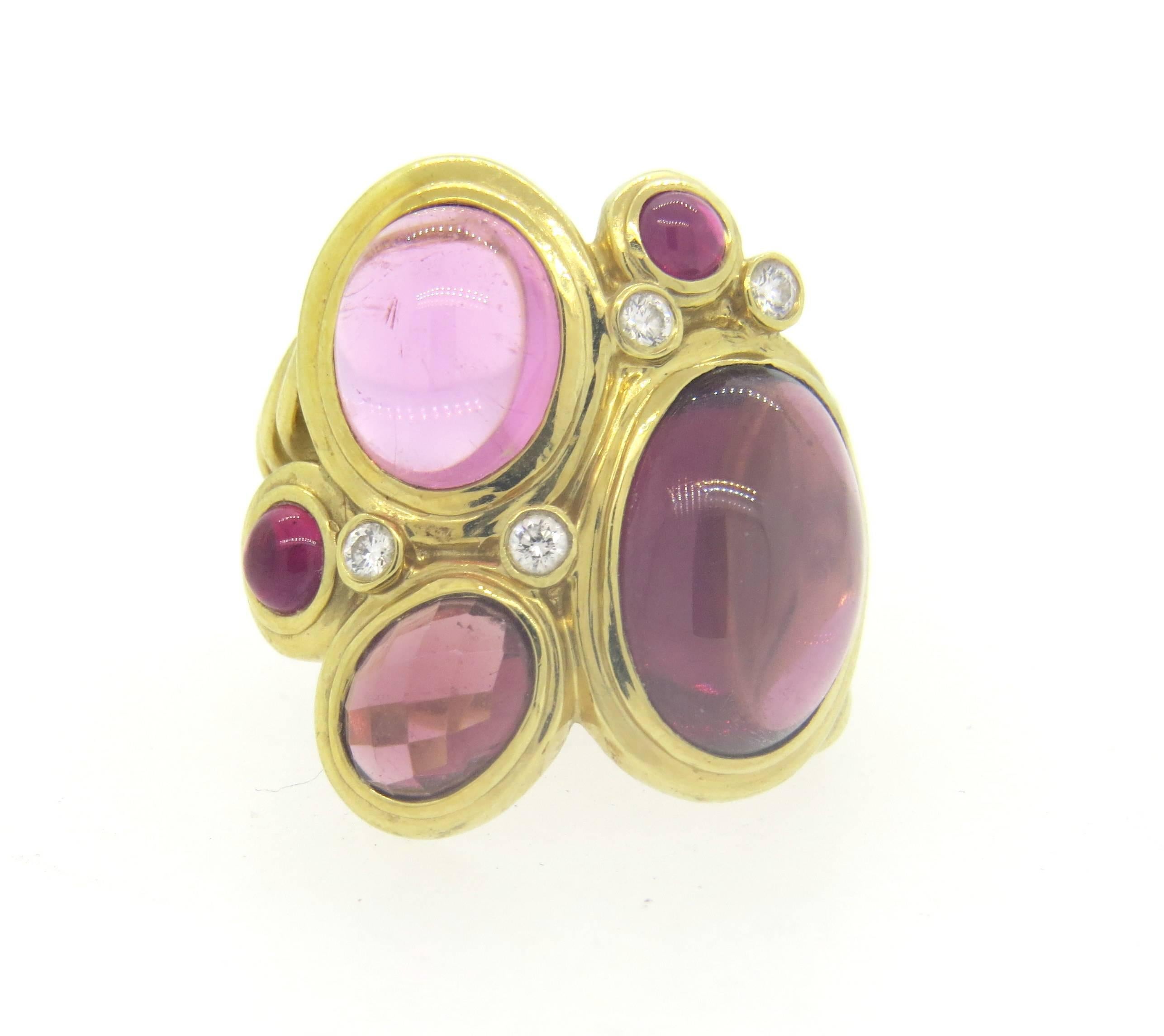large 18k yellow gold ring, crafted by David Yurman for Mosaic collection, decorated with theodolite garnet , faceted and cabochon pink tourmalines and diamonds. Ring is a size 6 1/2, ring top is 25mm wide. Marked: D.Y.,750. Weight of the piece -