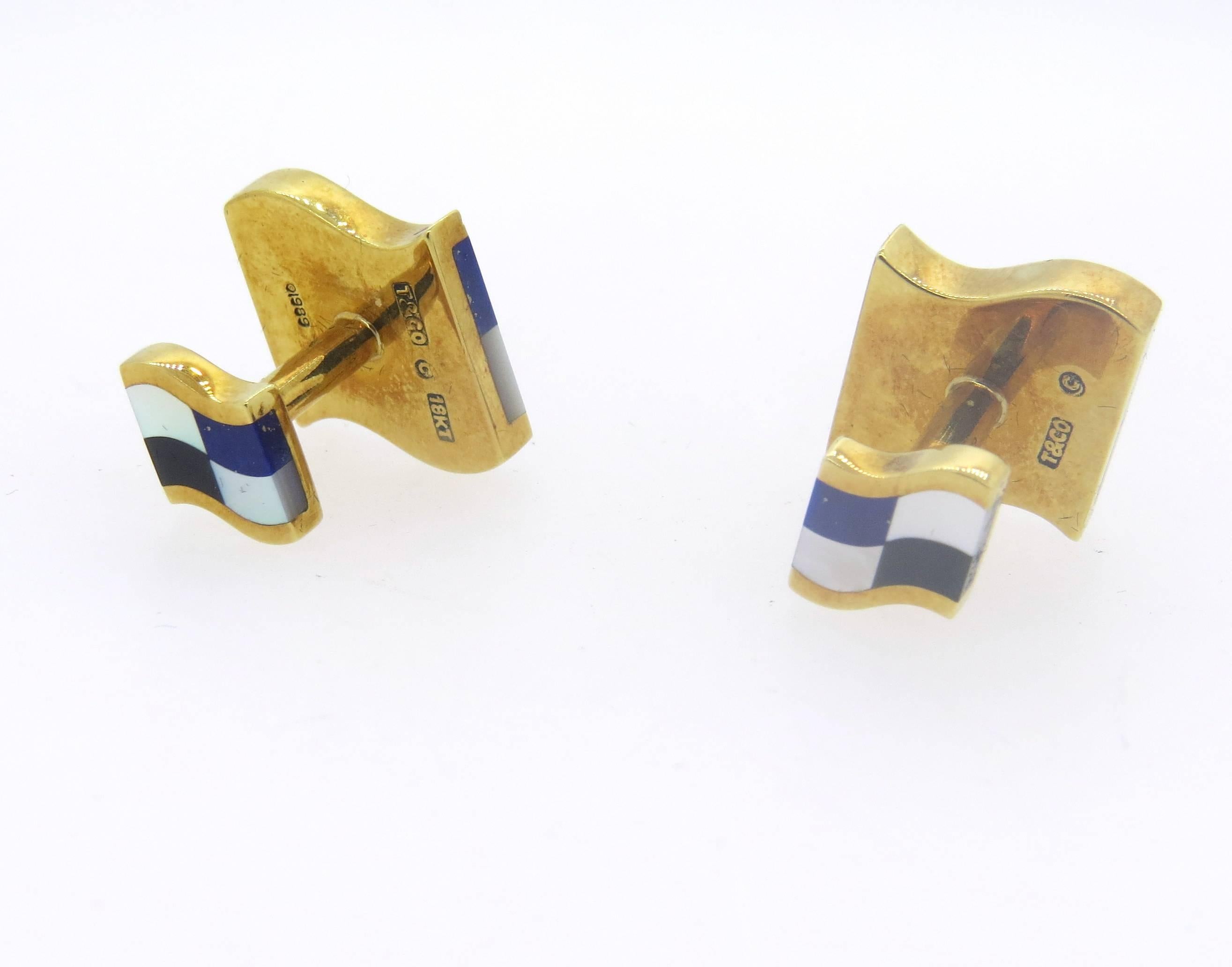1980s Tiffany & Co. Inlay Onyx Lapis Mother of Pearl Gold Cufflinks  In Excellent Condition For Sale In Lambertville, NJ