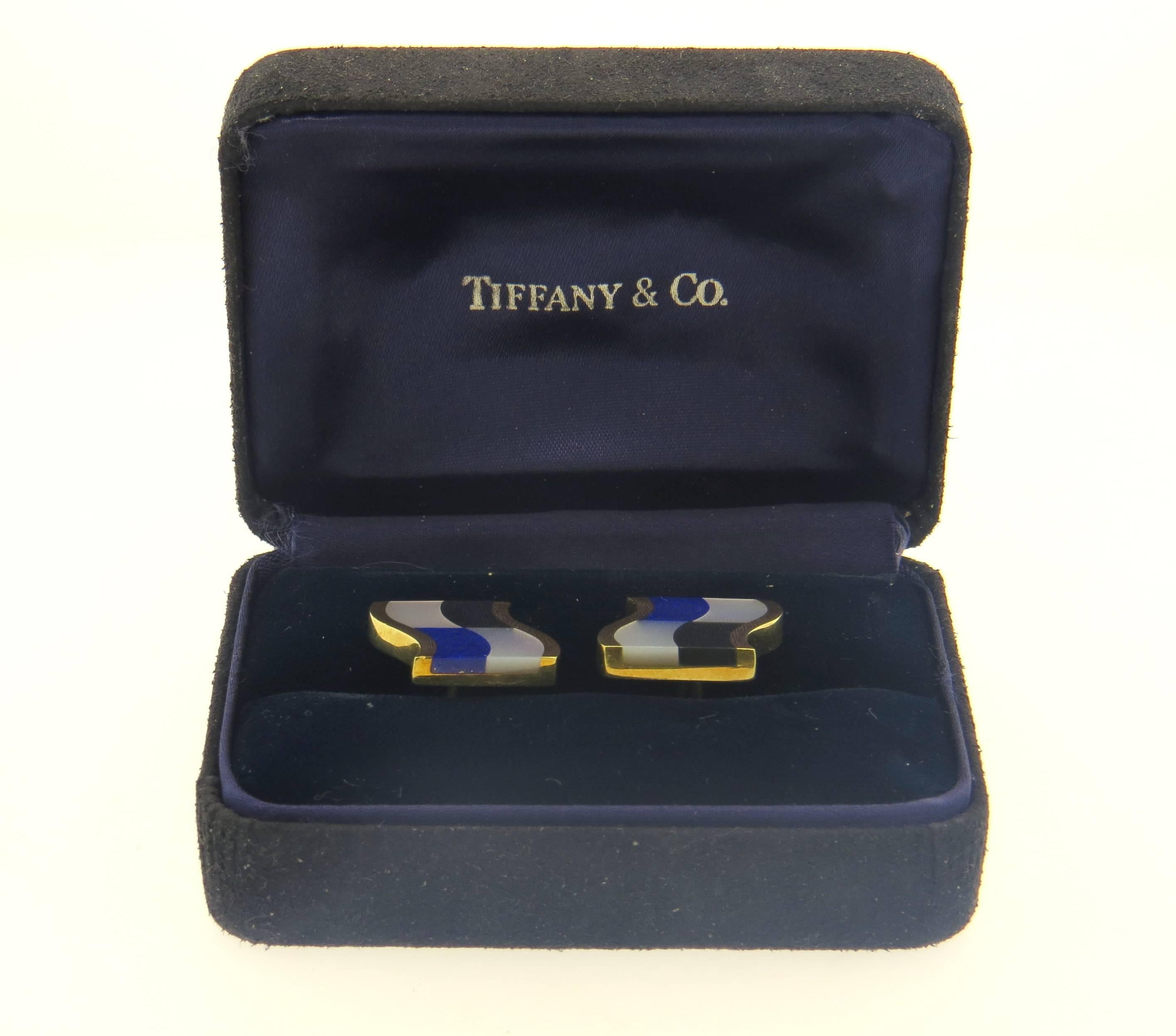 Men's 1980s Tiffany & Co. Inlay Onyx Lapis Mother of Pearl Gold Cufflinks  For Sale