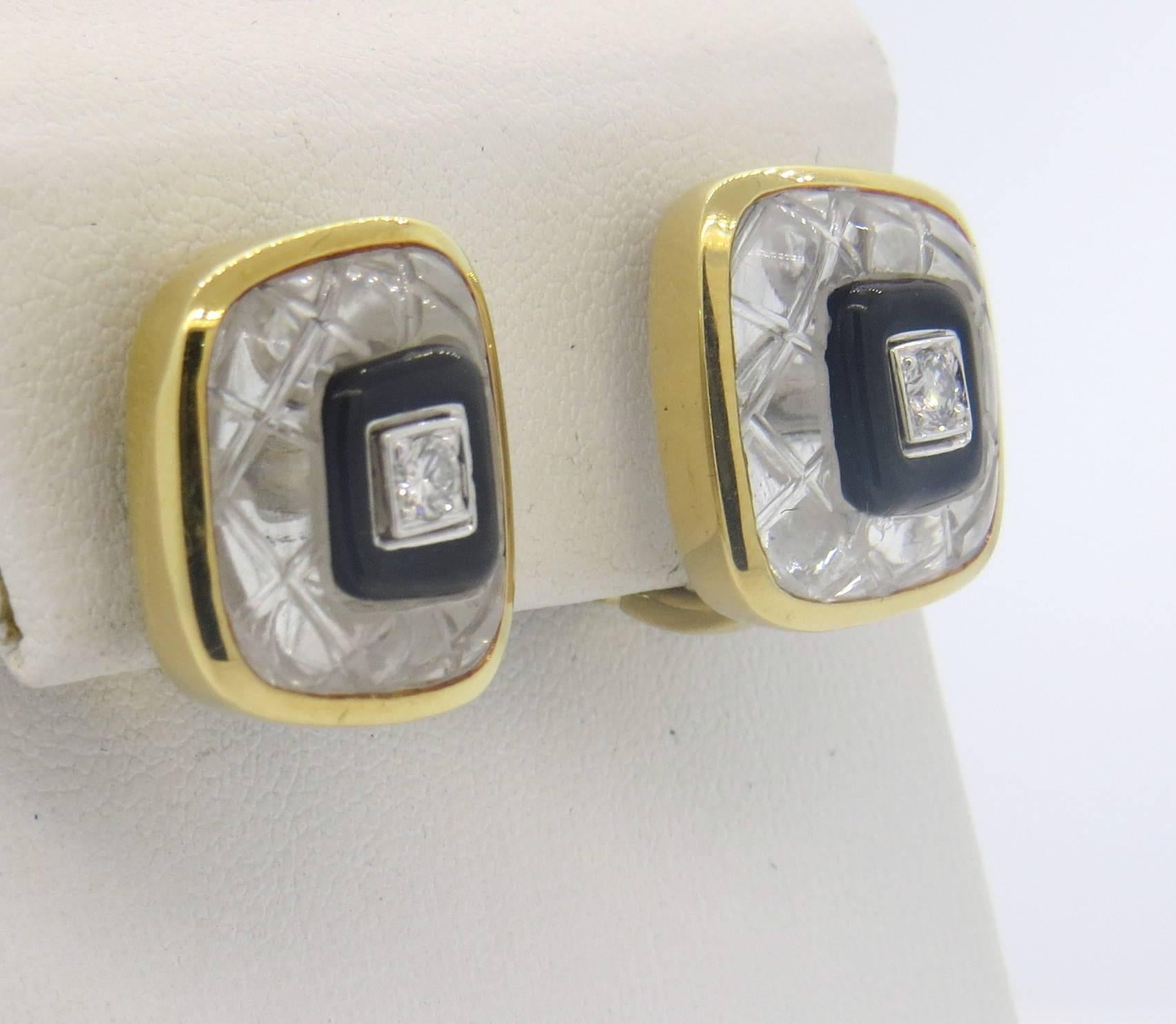 David Webb Carved Crystal Onyx Diamond Gold Platinum Earrings  In Excellent Condition In Lambertville, NJ