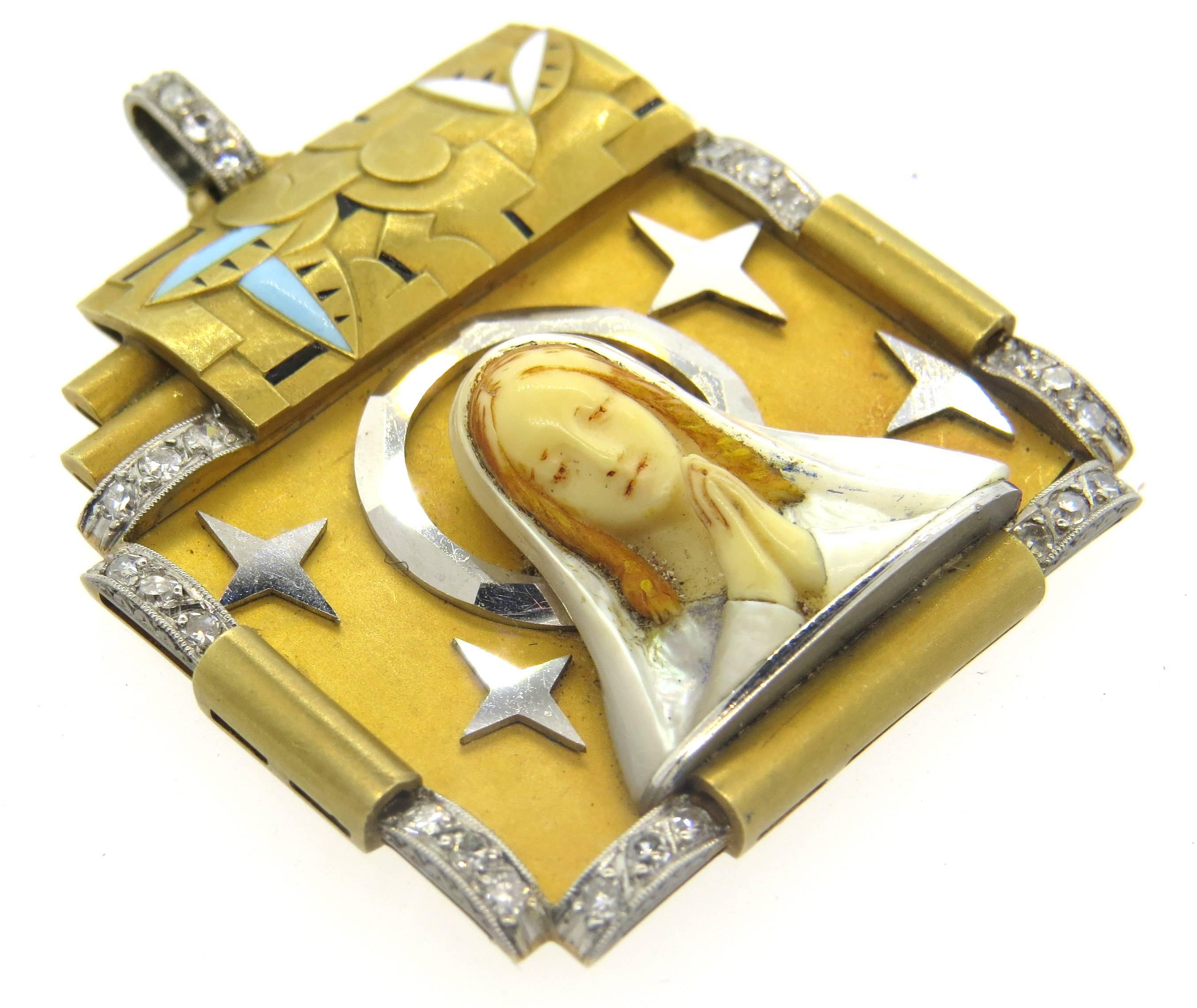 Art Deco Beautiful Mother of Enamel Pearl Diamond Gold St. Mary Pendant  In Excellent Condition In Lambertville, NJ