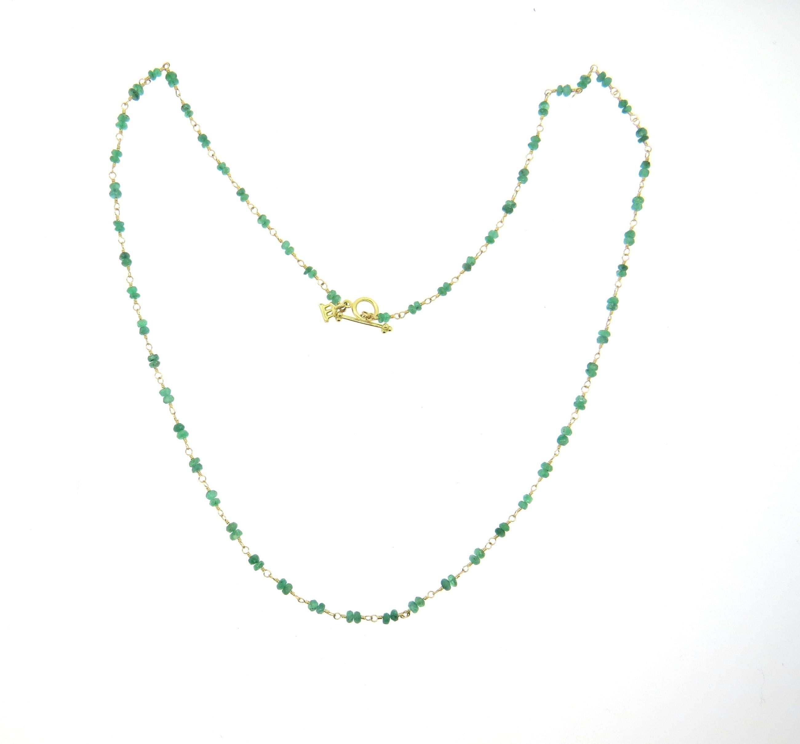 New 18k yellow gold necklace, with toggle closure, crafted by Temple St. Clair for Karina collection, featuring 3mm emerald beads. Necklace is 24