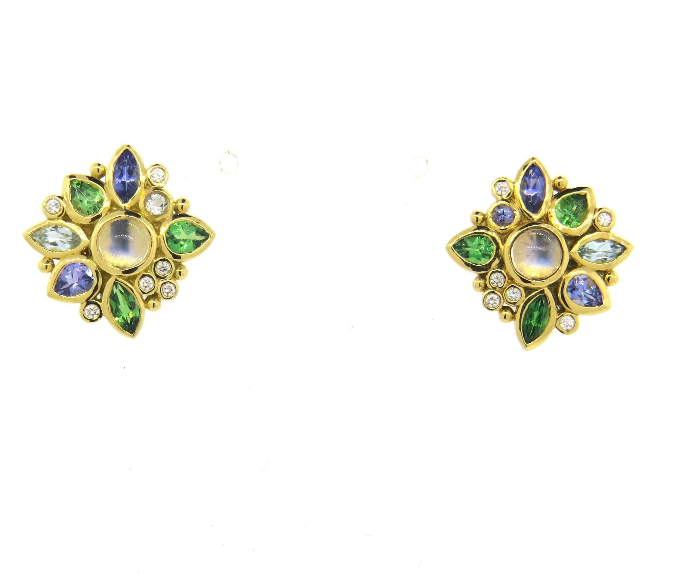 Temple St. Clair Anima Moonstone Tanzanite Tsavorite diamond gold Earrings  In New Condition In Lambertville, NJ