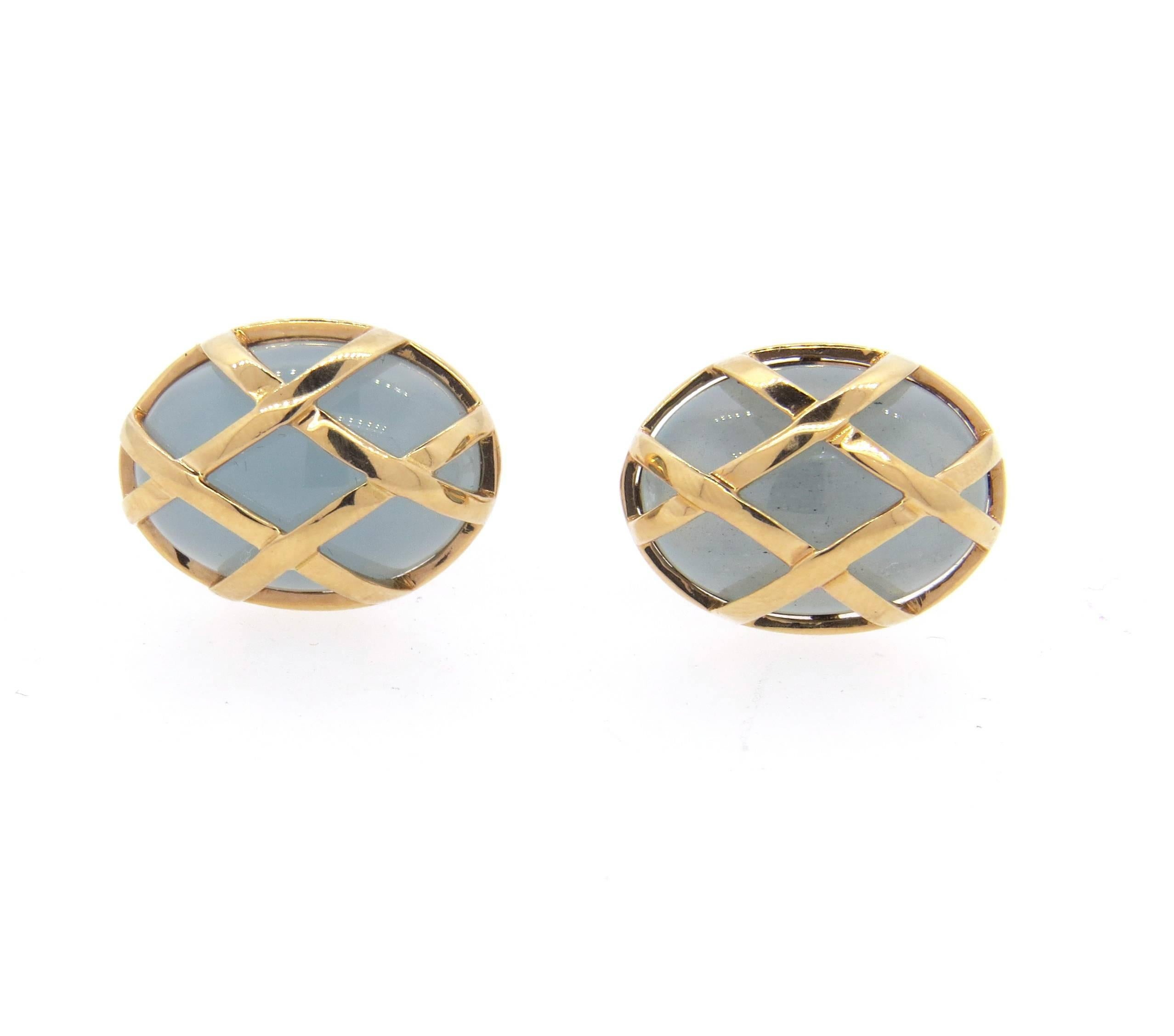 Pair of new 18k rose gold cufflinks, crafted by Favero, featuring milky aquamarines. Each top measures 19mm x15mm. Marked Favero, 750. Weight - 18.9 grams
Retail $8750