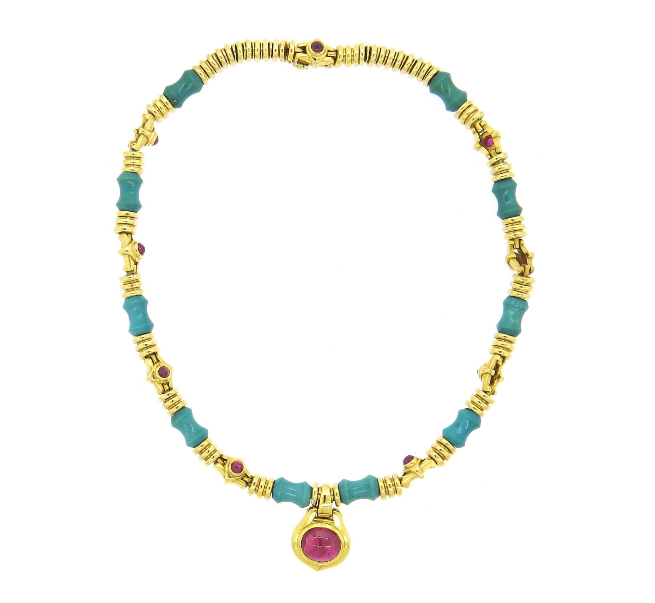 Women's 1970s Bulgari Turquoise Ruby Cabochon Gold Necklace 