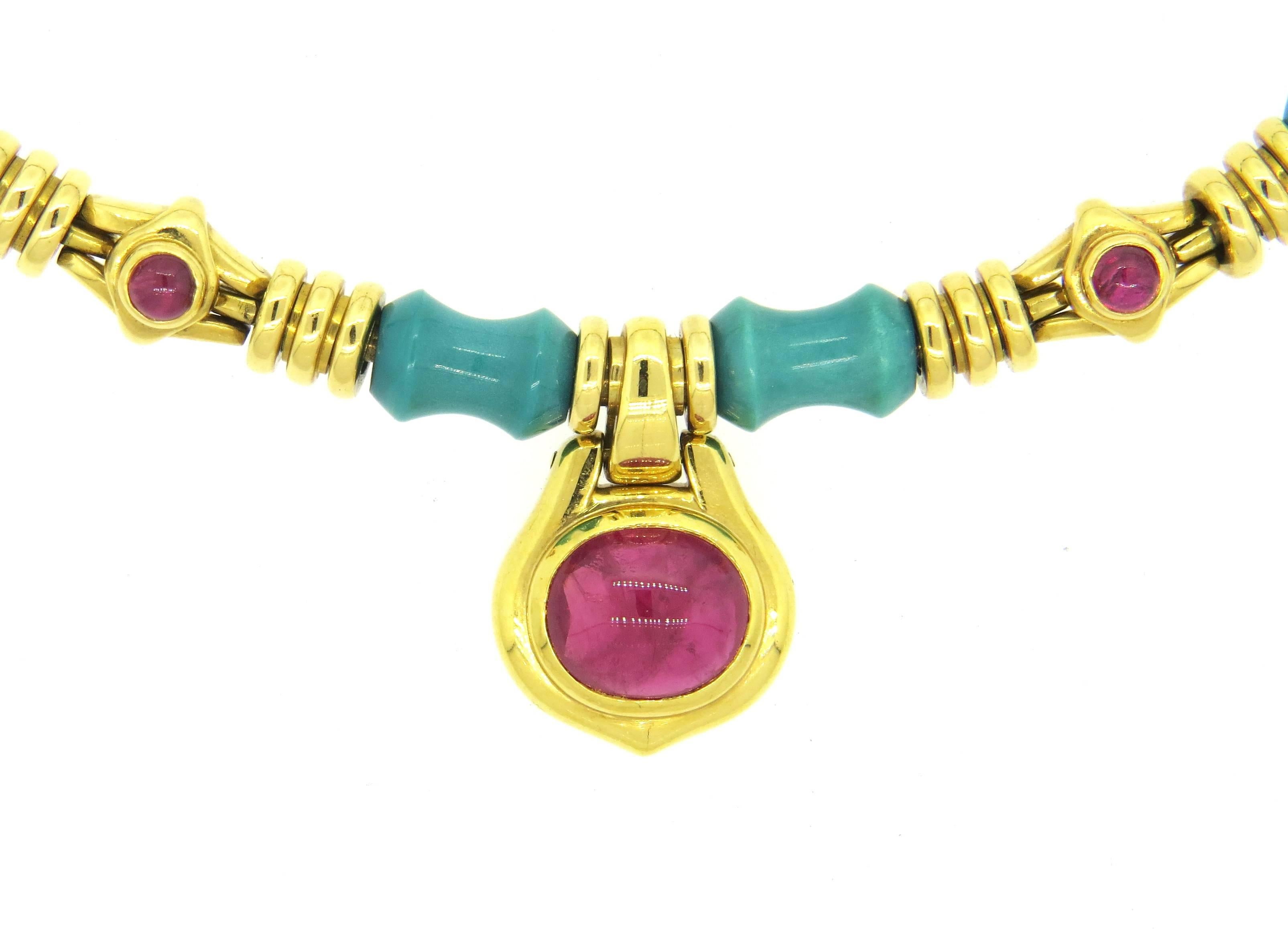 1970s Bulgari Turquoise Ruby Cabochon Gold Necklace  In Excellent Condition In Lambertville, NJ