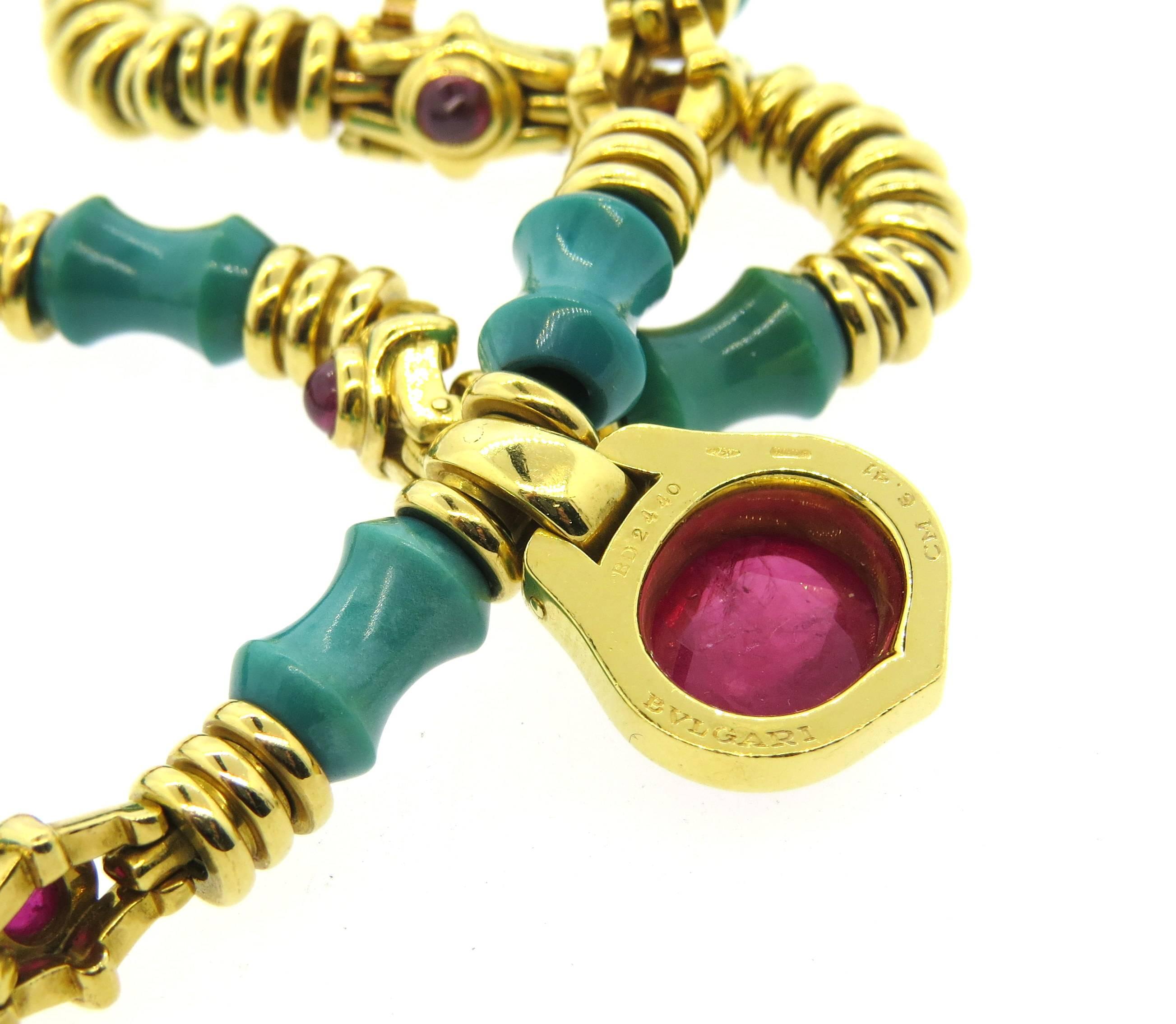 1970s Bulgari Turquoise Ruby Cabochon Gold Necklace  1