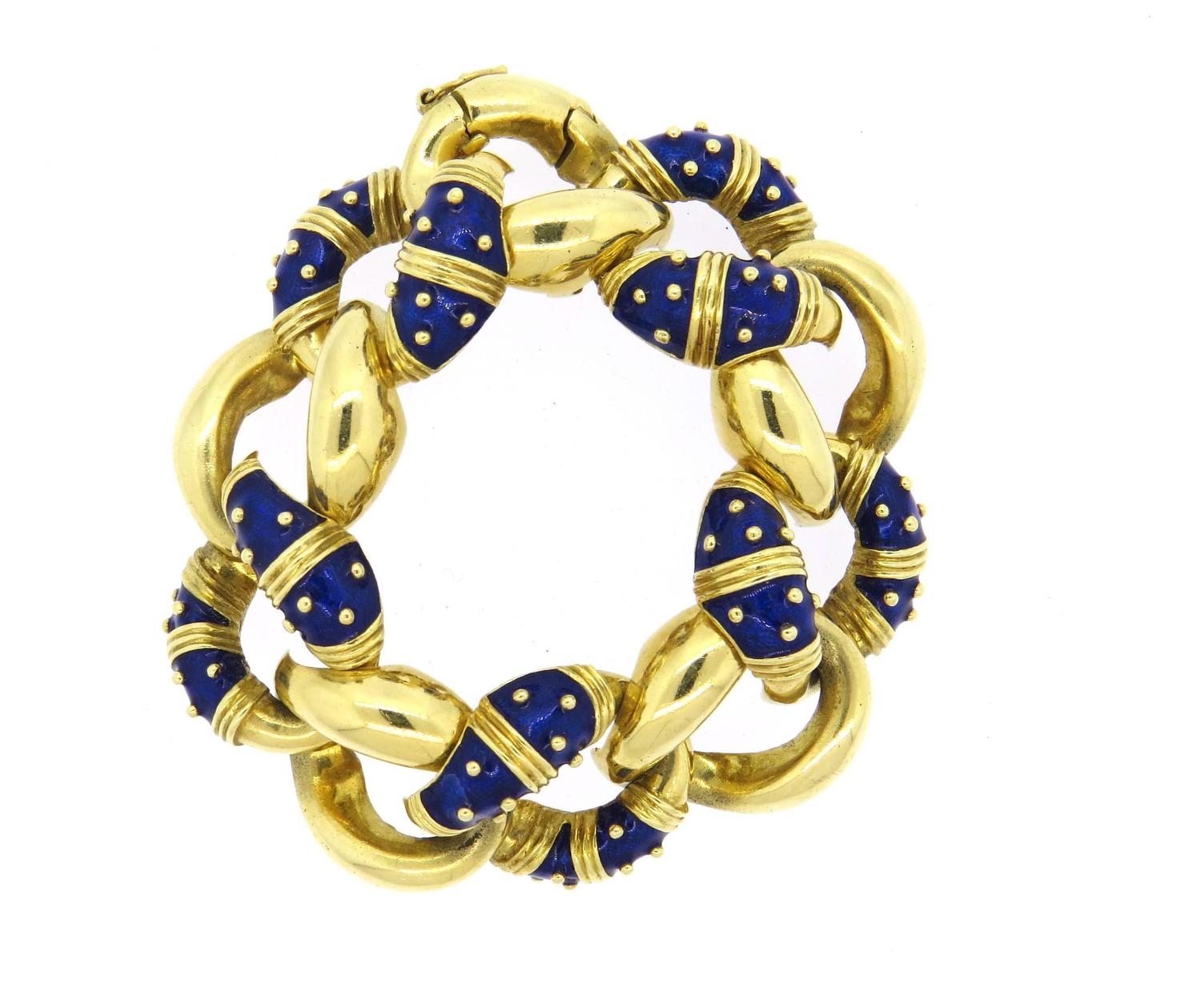 Massive Hidalgo Gold Blue Enamel Link Bracelet at 1stdibs