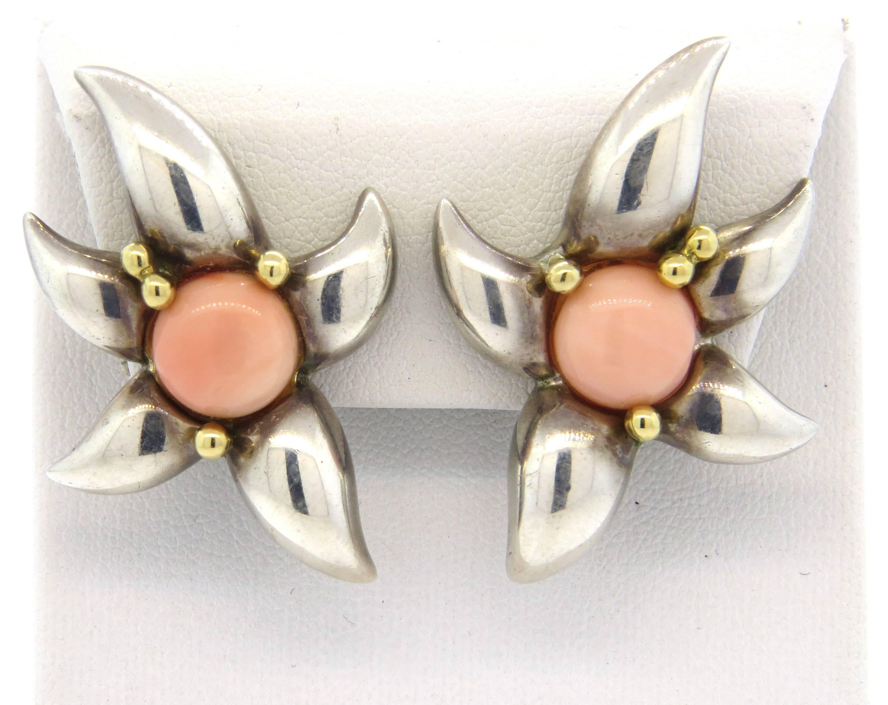 1990s Tiffany & Co. Large Coral Sterling Gold Earrings  1