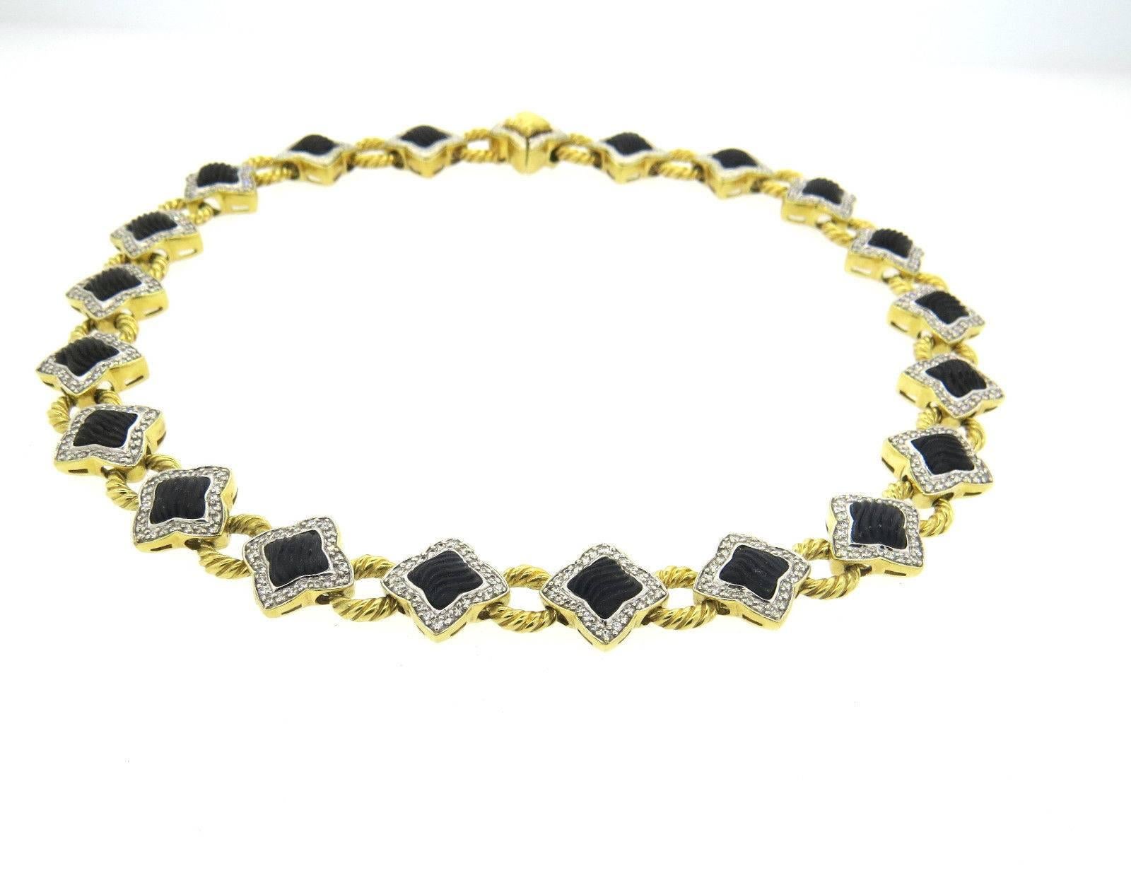 David Yurman Quatrefoil onyx diamond Gold Necklace In Excellent Condition In Lambertville, NJ