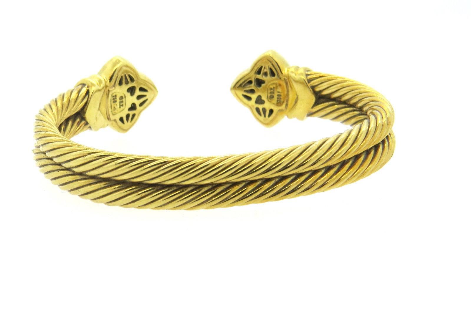 David Yurman Quatrefoil Onyx diamond gold Cable Cuff Bracelet In Excellent Condition In Lambertville, NJ