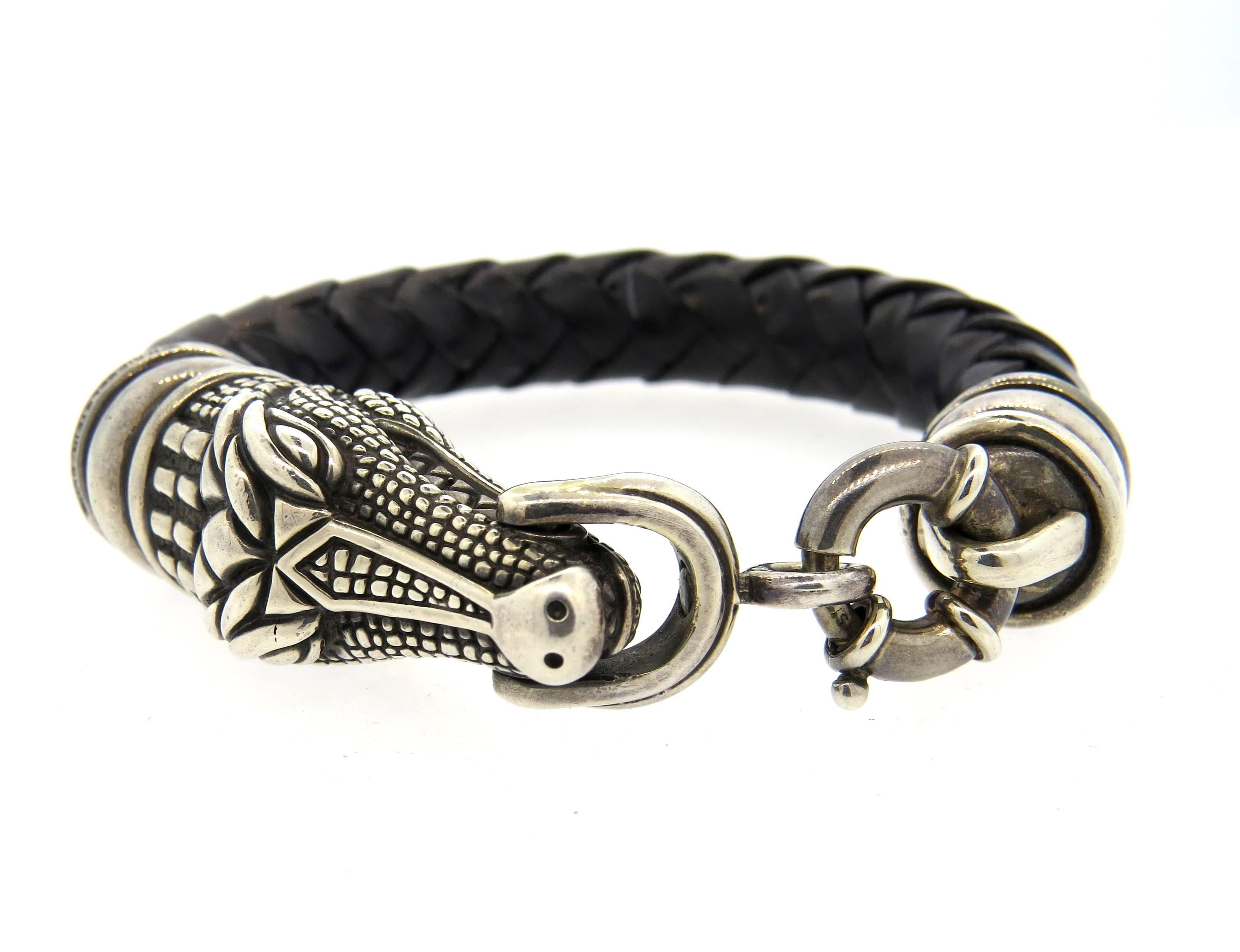 Barry Kieselstein Cord Sterling Silver Leather Alligator Necklace Bracelet Set In Excellent Condition In Lambertville, NJ