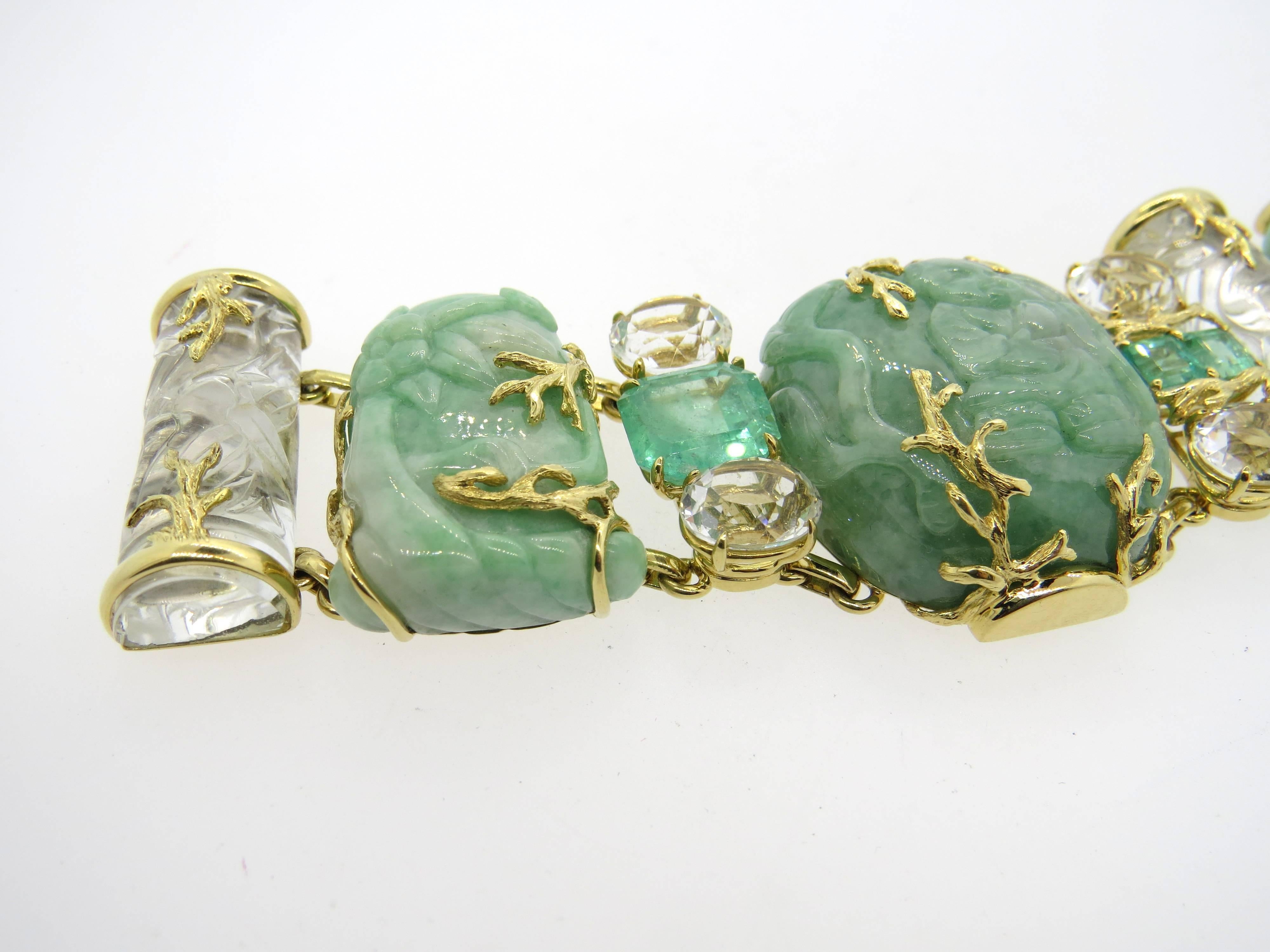 Impressive Seaman Schepps Jadeite Emerald Rock Crystal Snuff Bottle Bracelet In Excellent Condition In Lambertville, NJ
