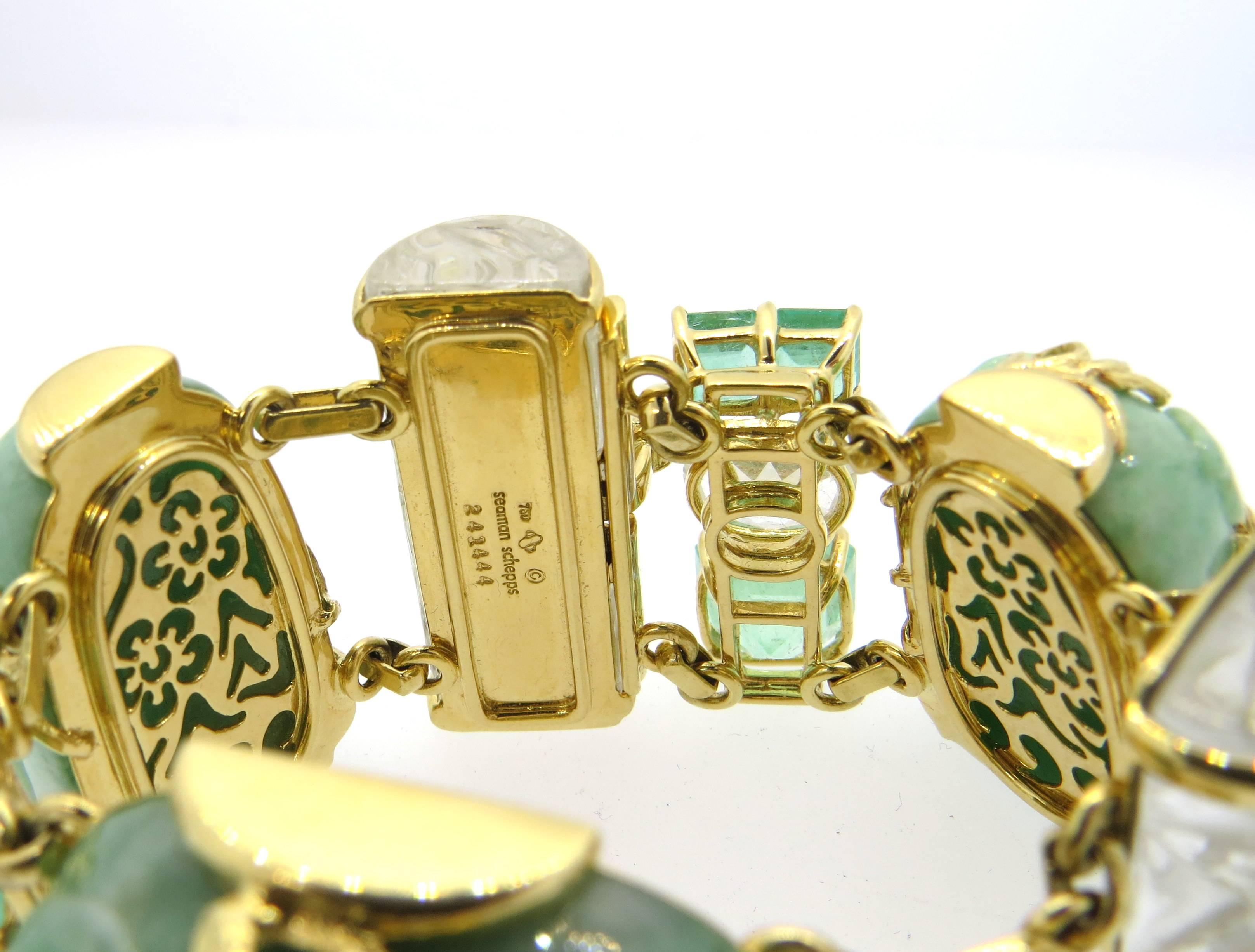 Impressive Seaman Schepps Jadeite Emerald Rock Crystal Snuff Bottle Bracelet 1