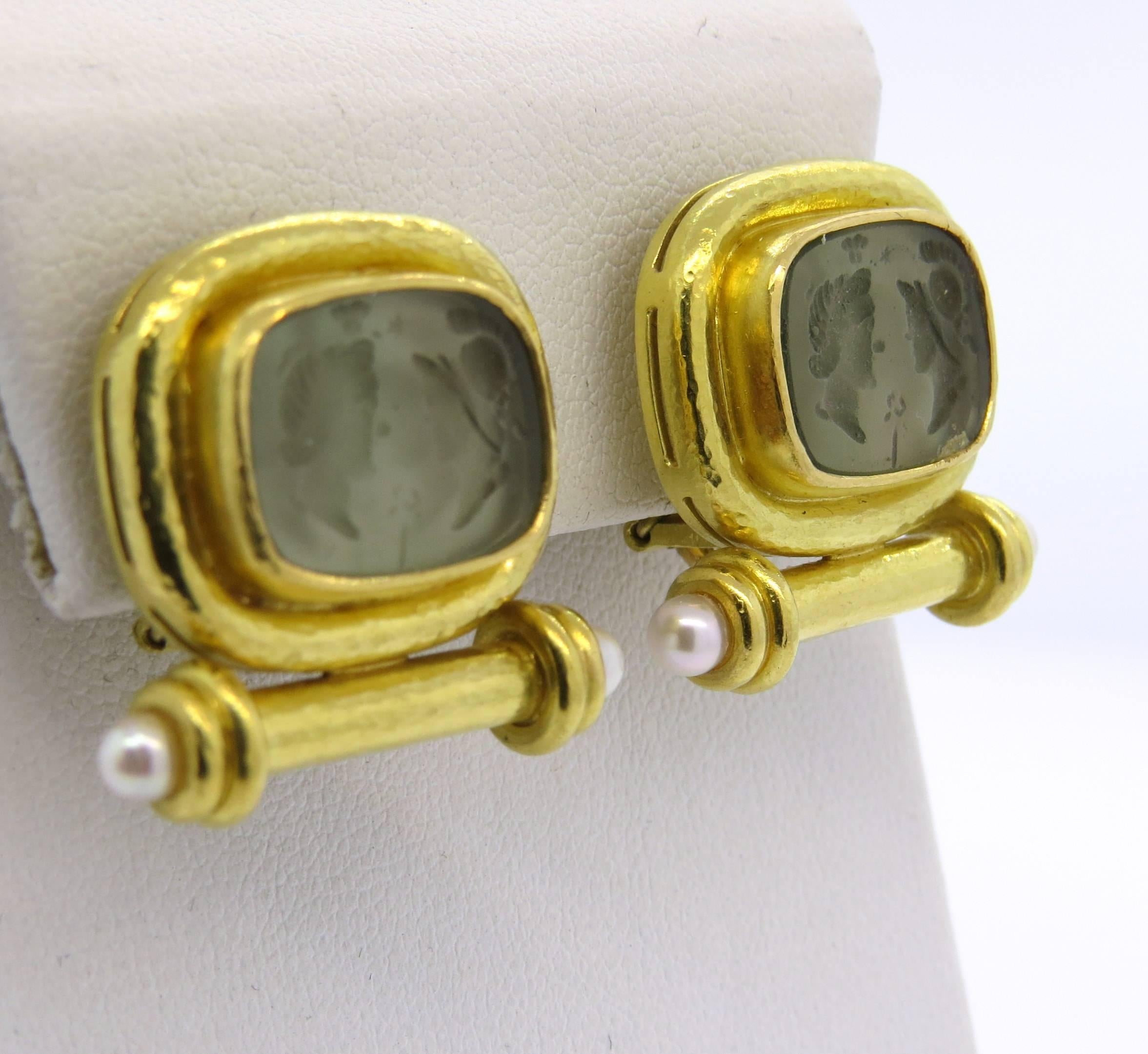 Women's Elizabeth Locke Venetian Glass Intaglio Pearl Gold Earrings 