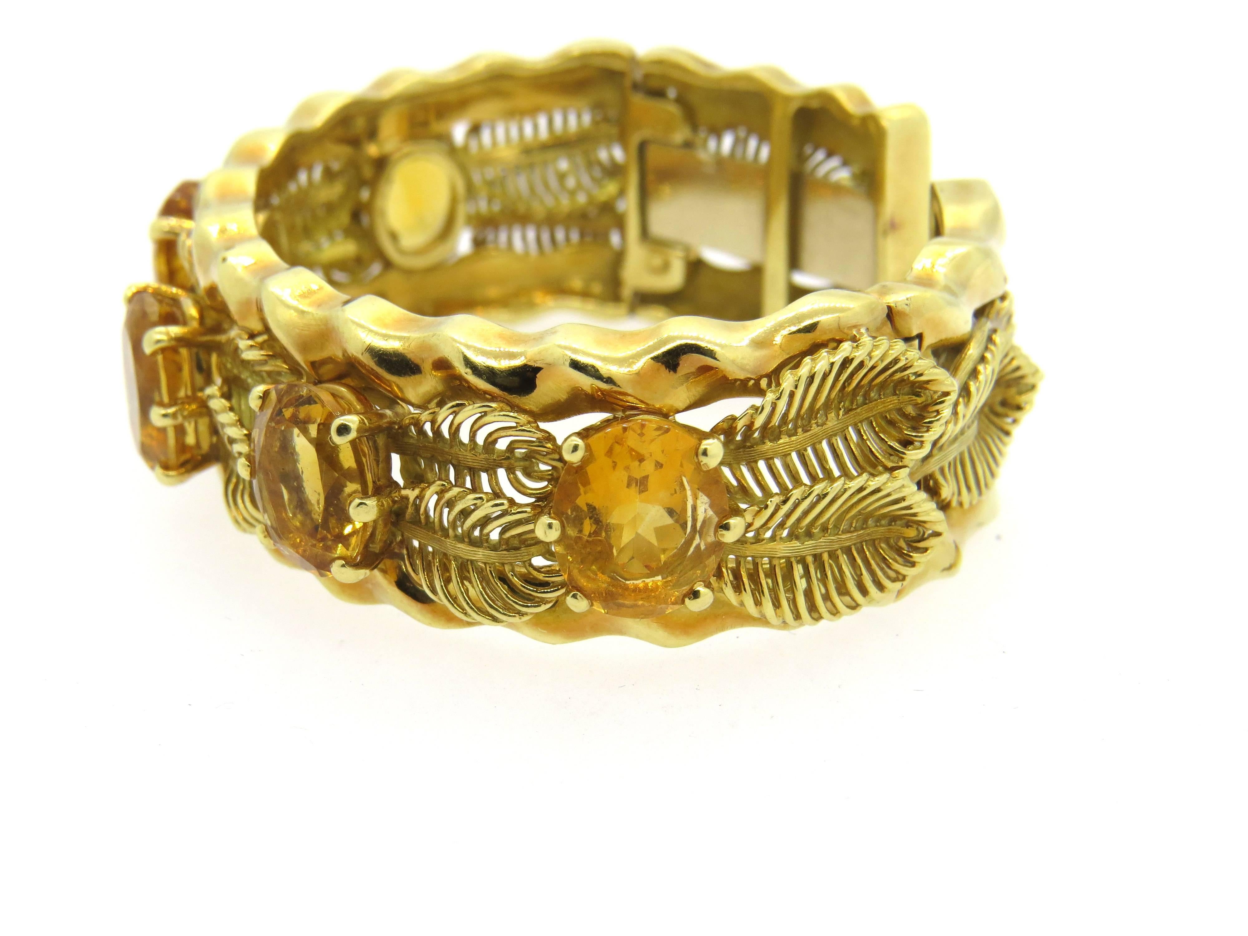 Women's Fine Citrine Gold Leaf Motif Cuff Bracelet 