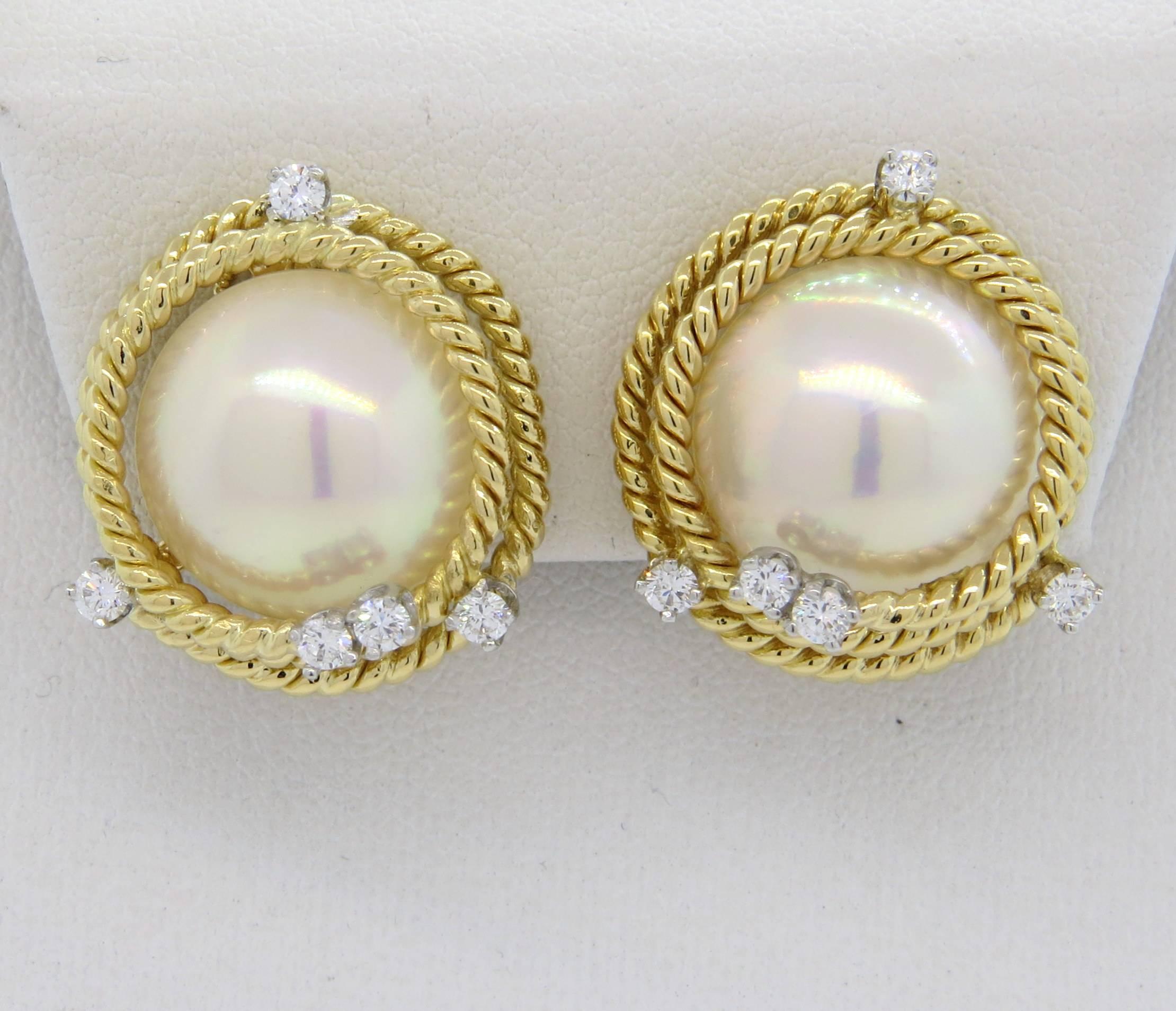 A pair of 18k yellow gold earrings, crafted by Jean Schlumberger for Tiffany & Co,  featuring signature rope design, decorated with 14.7mm mabe pearls in the center and 0.52ctw in G/VS diamonds around. Earrings are 21mm x 23mm, Marked:  Tiffany &