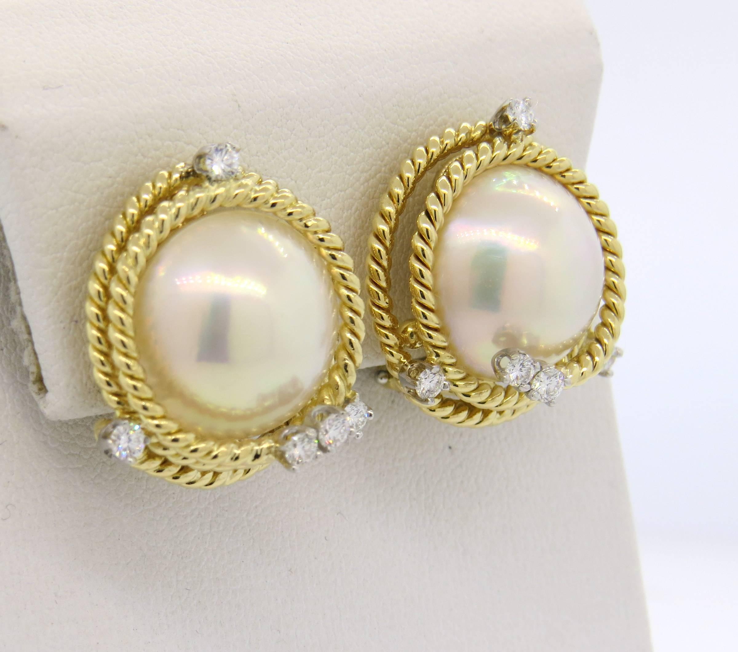 Tiffany & Co. Jean Schlumberger Pearl Diamond Gold Rope Earrings In Excellent Condition In Lambertville, NJ