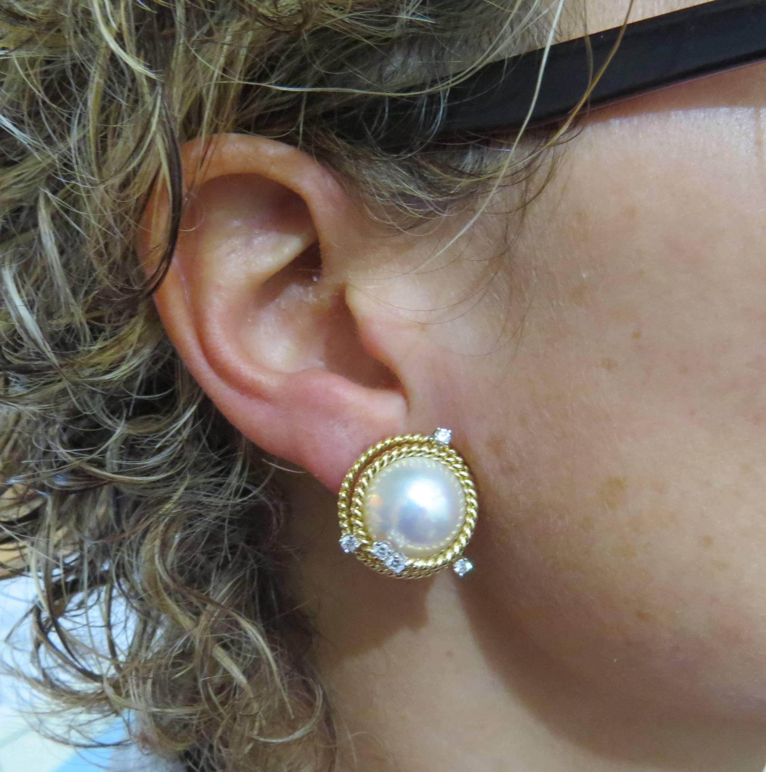 Women's Tiffany & Co. Jean Schlumberger Pearl Diamond Gold Rope Earrings