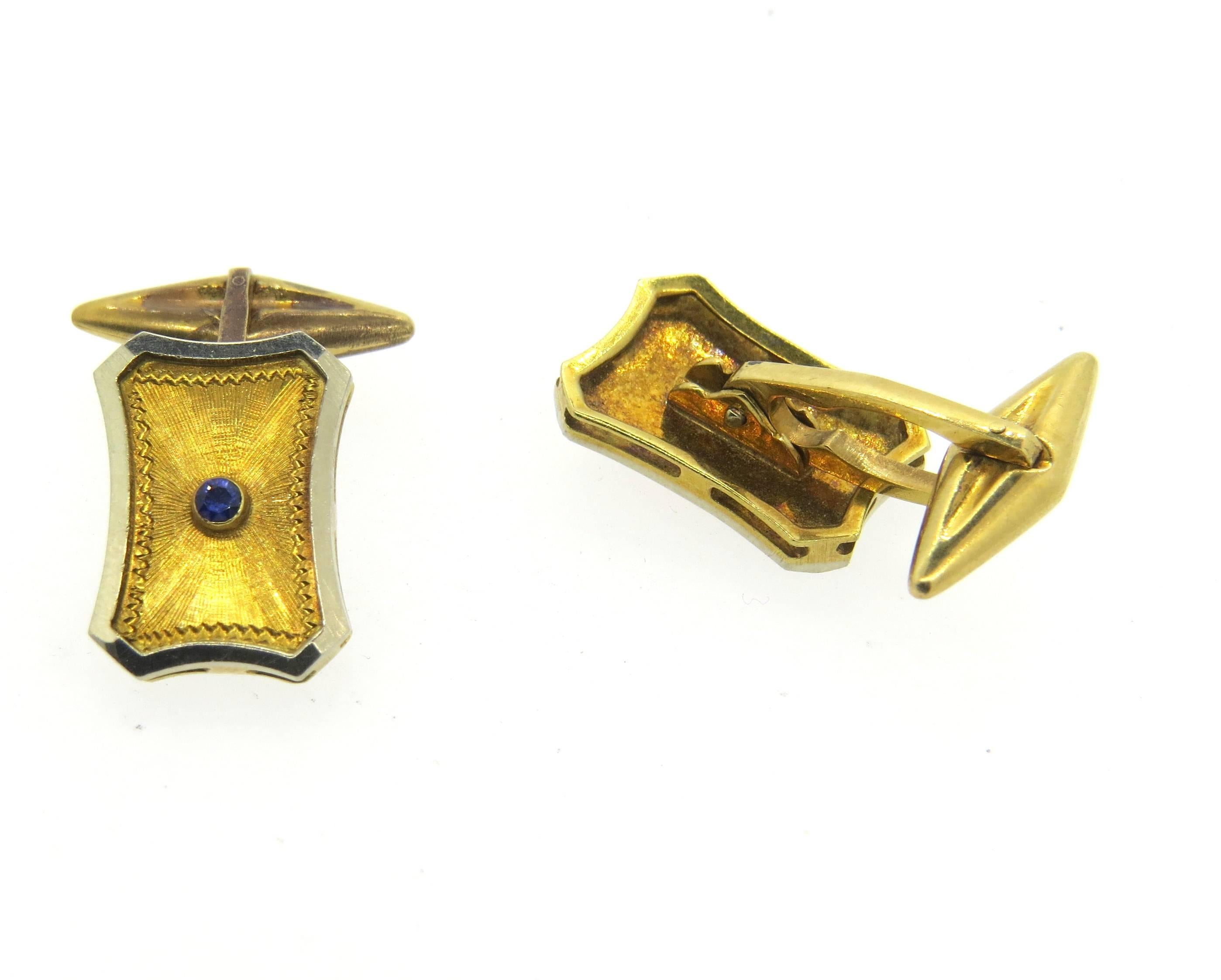 Classic 1960s White and Yellow Gold Sapphire Cufflinks  In Excellent Condition In Lambertville, NJ