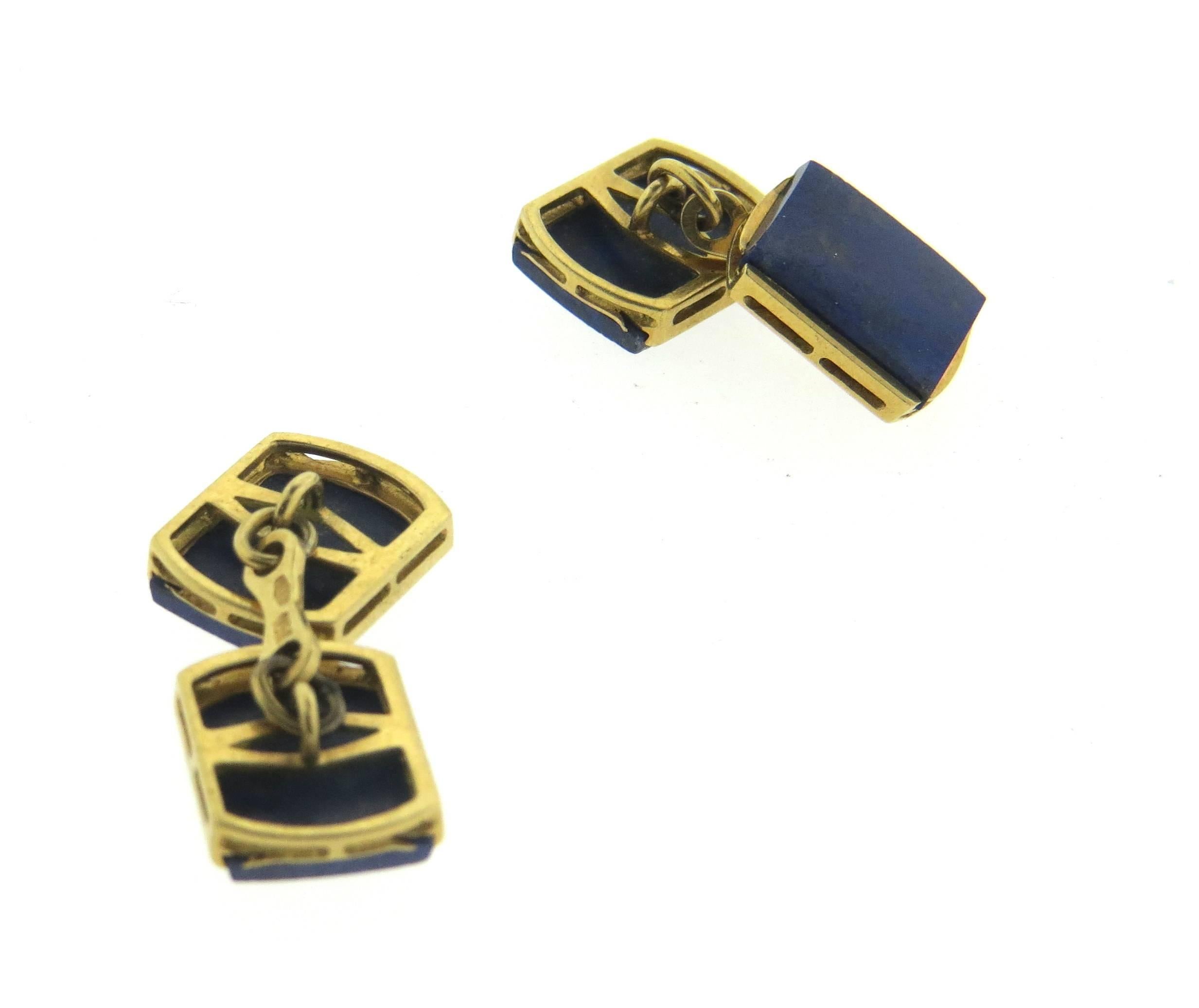 Mid Century Lapis Lazuli Gold Cufflinks  In Excellent Condition In Lambertville, NJ