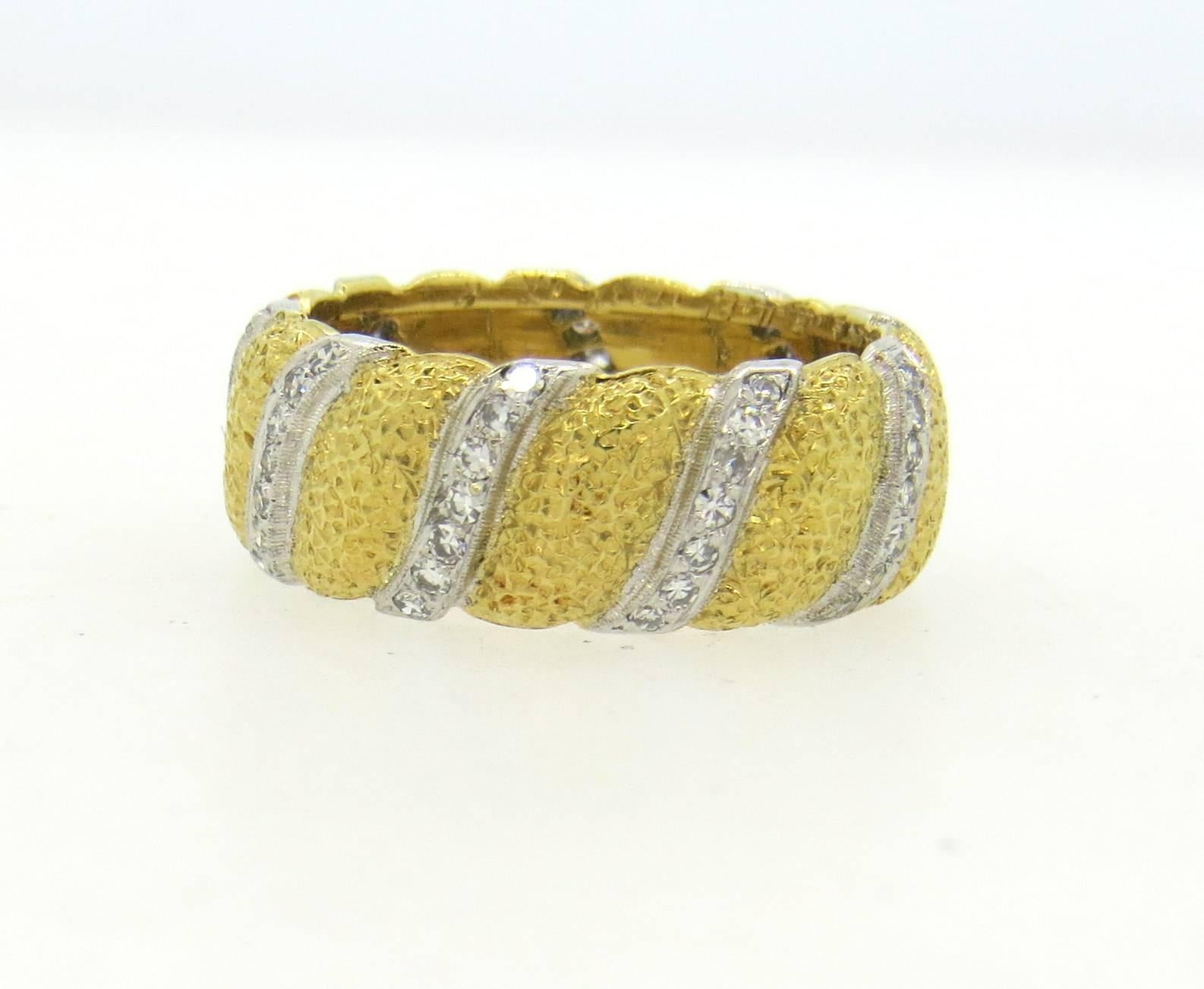 18k yellow gold wedding band ring, crafted by Buccellati, decorated with diamonds. Ring is a size 5, ring is 7.8mm wide.  Marked: Gianmaria Buccellati, 750. Weight of the piece - 8.6 grams