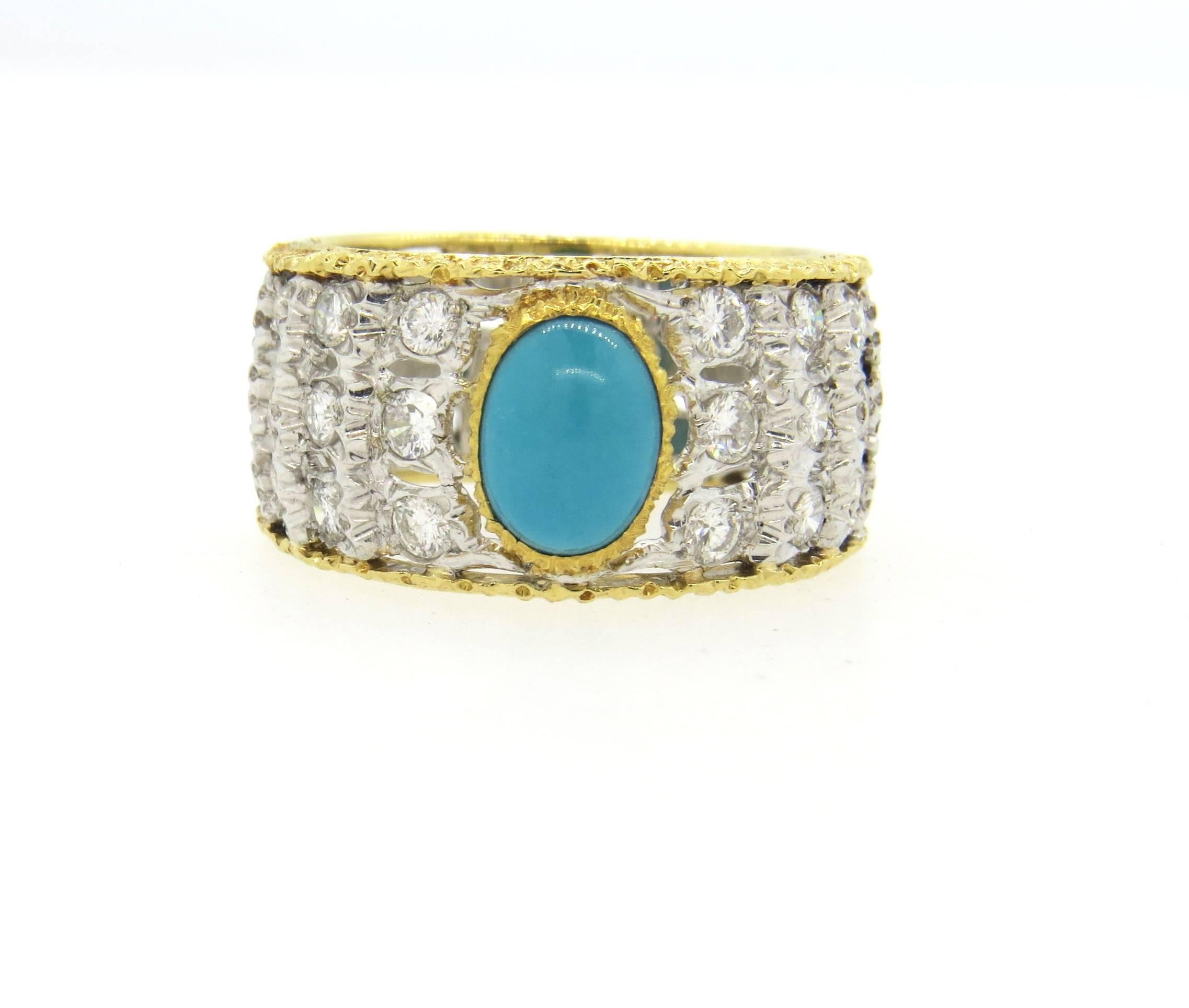 Buccellati Turquoise Diamond Gold Band Ring  For Sale 1