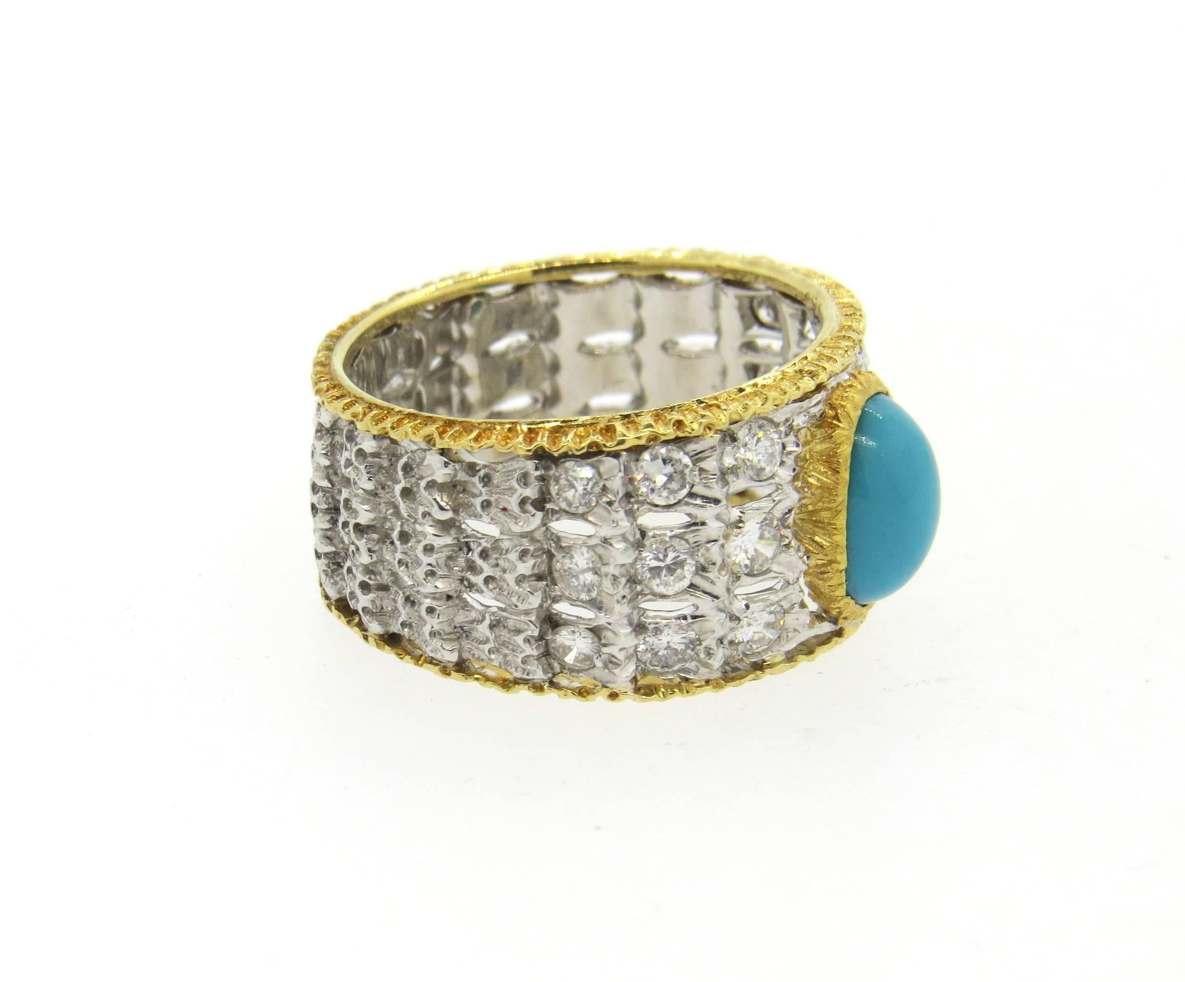 Buccellati Turquoise Diamond Gold Band Ring  In Excellent Condition For Sale In Lambertville, NJ