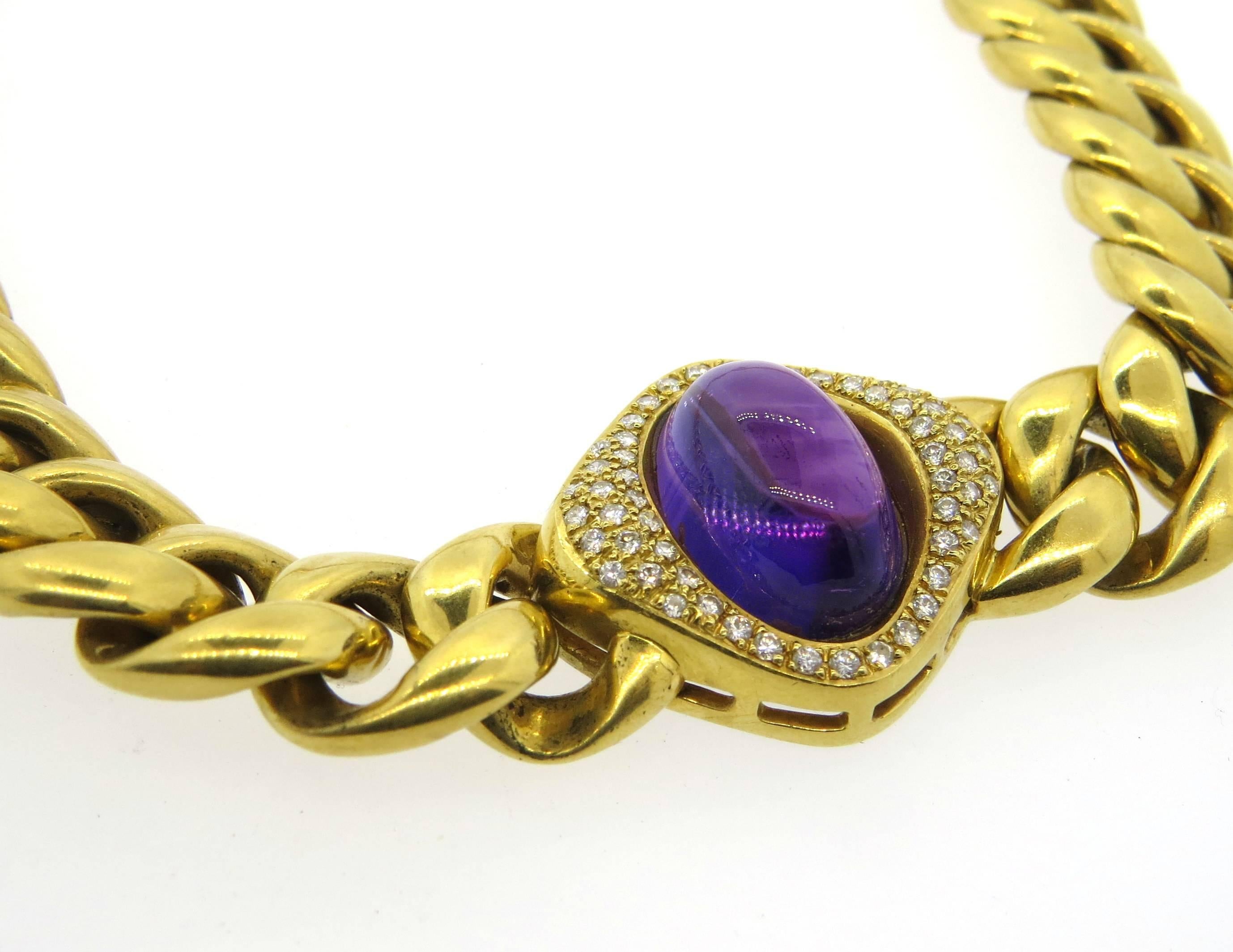 Women's Massive Neiman Marcus Amethyst Diamond Gold Link Necklace 
