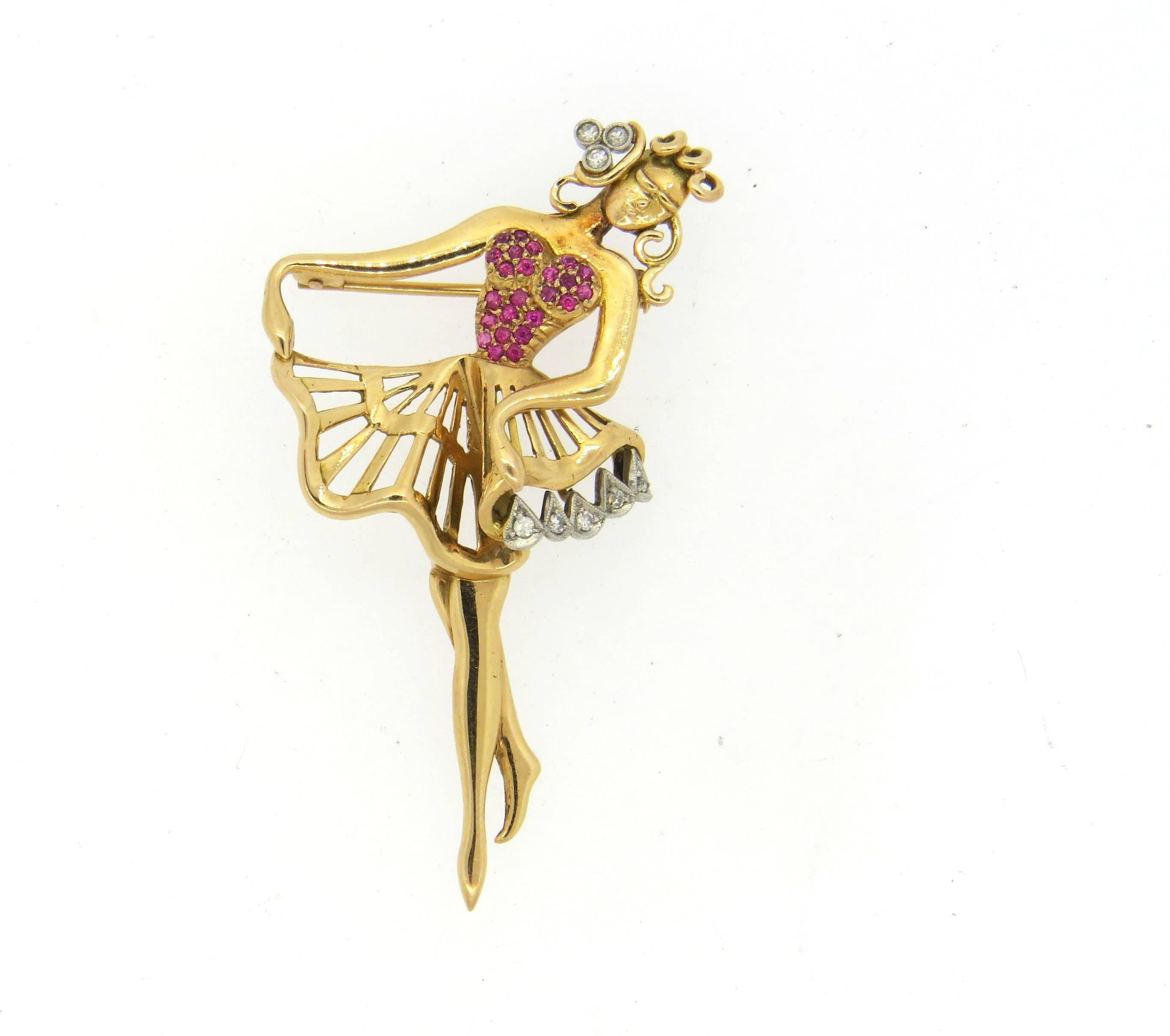 Whimsical 18k gold brooch, depicting dancing young woman, decorated with diamonds and rubies. Brooch measures 63mm x 35mm. Weight of the piece - 11.8 grams 