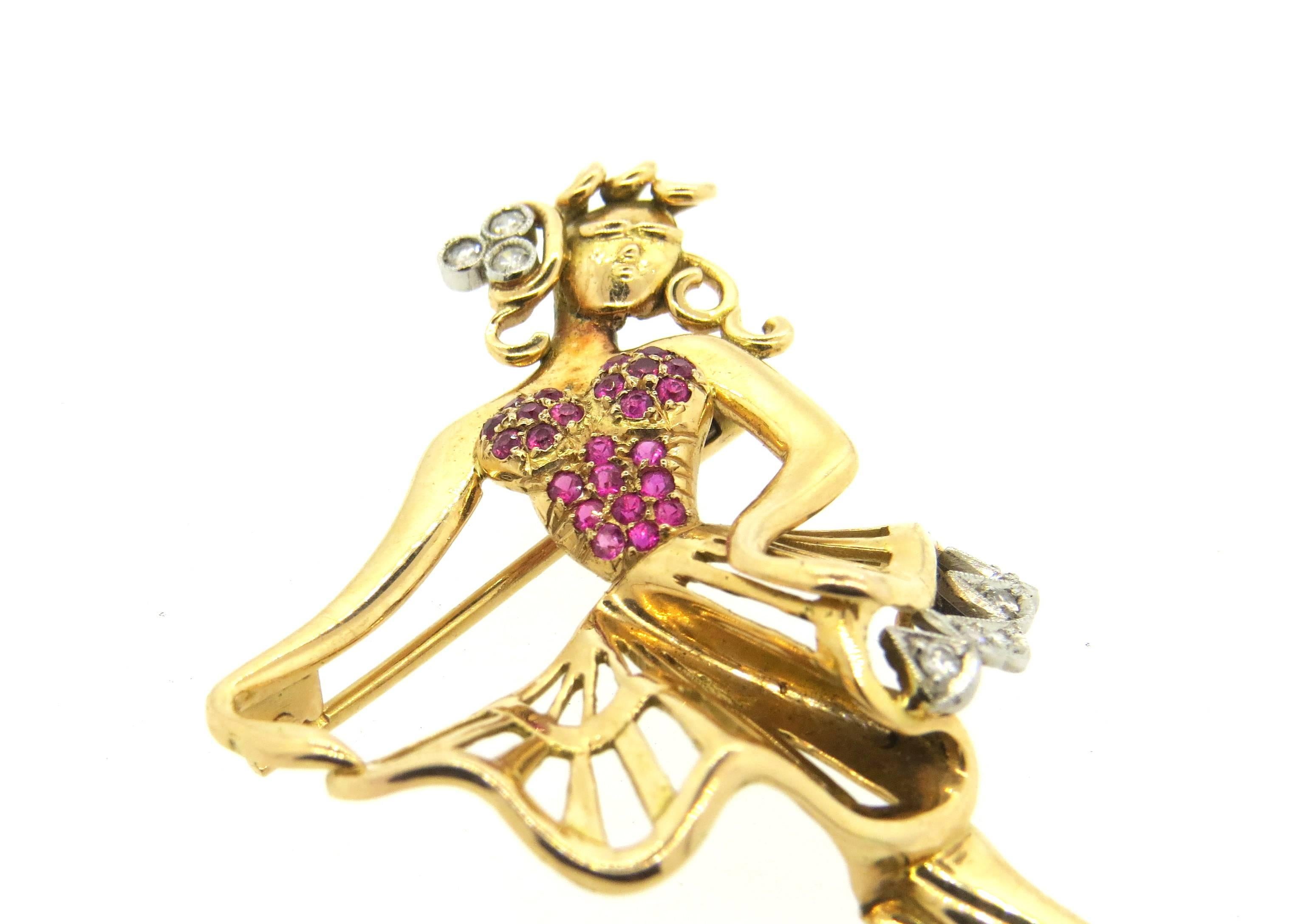 Women's Retro Whimsical Ruby Diamond Gold Dancing Ballerina Brooch Pin 