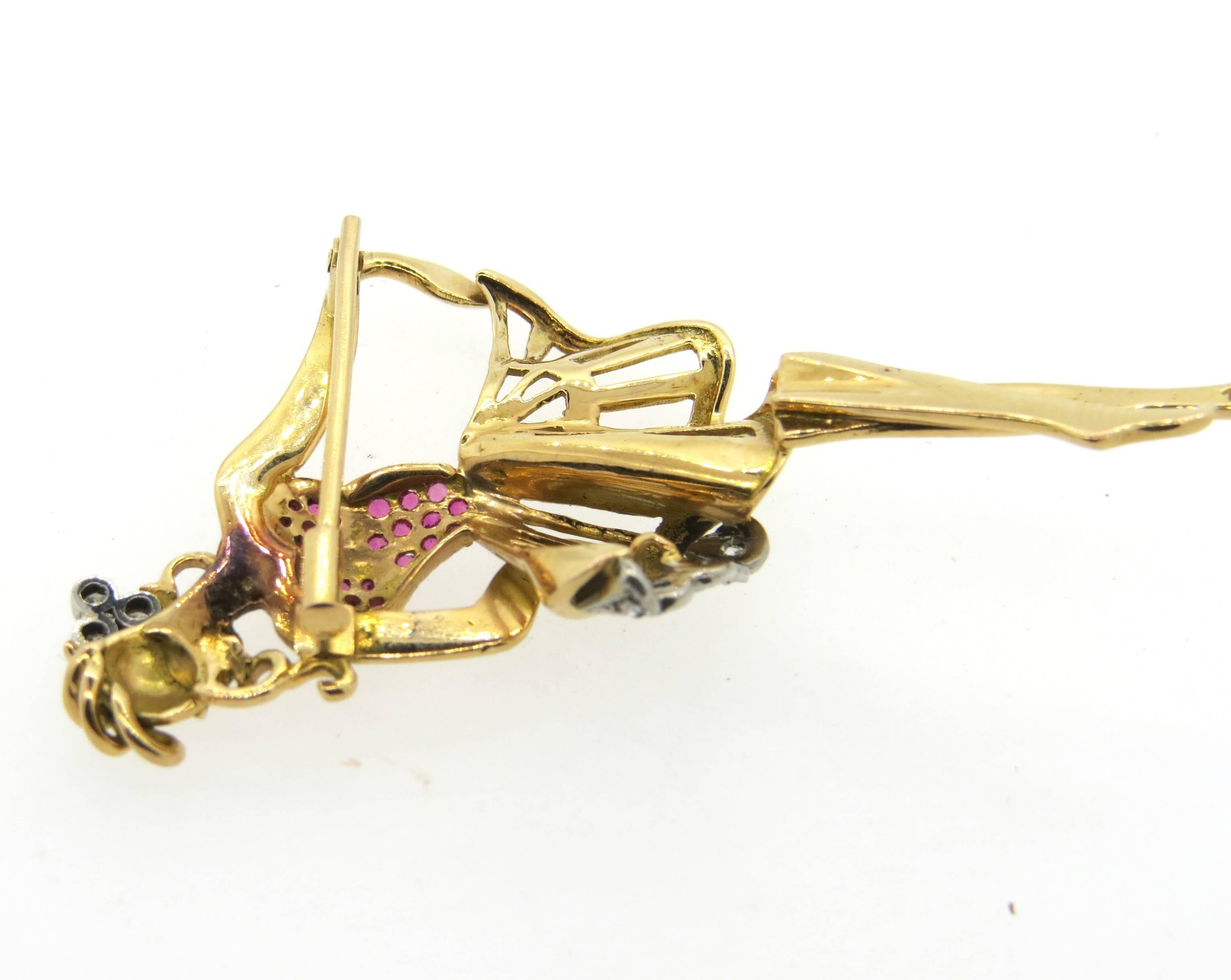 Retro Whimsical Ruby Diamond Gold Dancing Ballerina Brooch Pin  In Excellent Condition In Lambertville, NJ