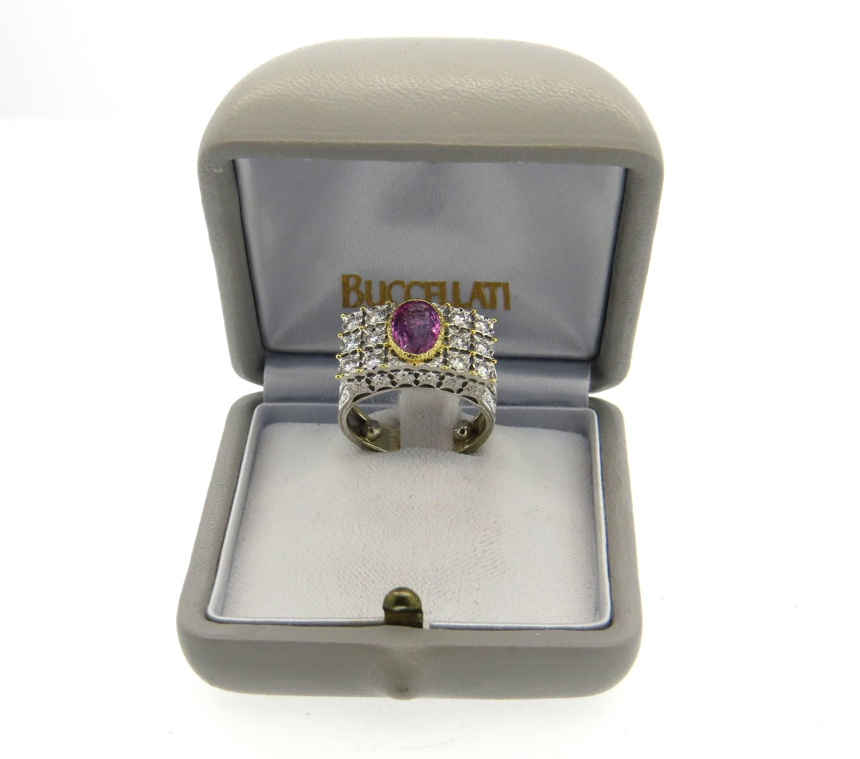 Buccellati Pink Sapphire Diamond Gold Ring  In Excellent Condition For Sale In Lambertville, NJ