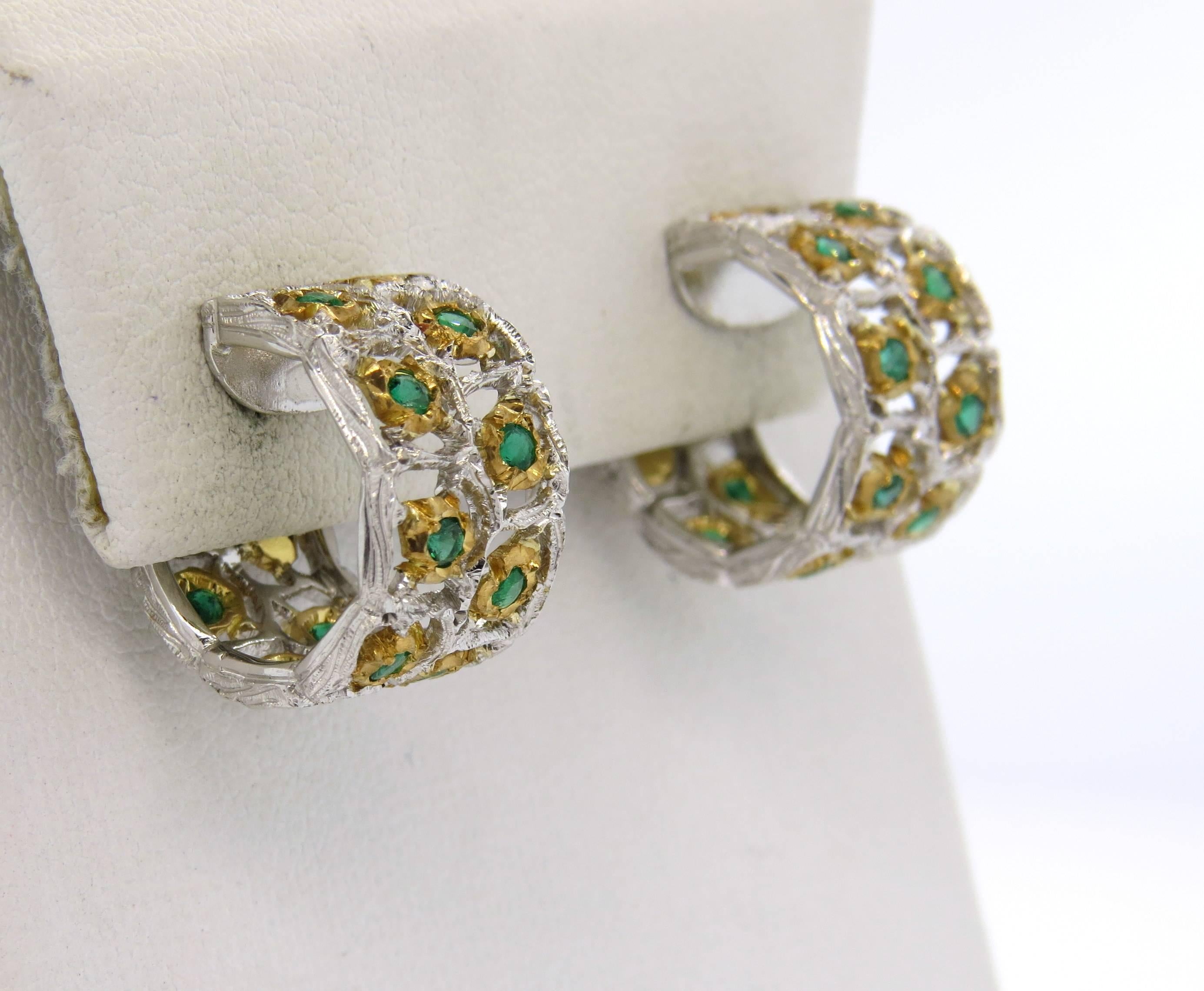 Round Cut Buccellati Roselline Emerald Gold Hoop Earrings  For Sale