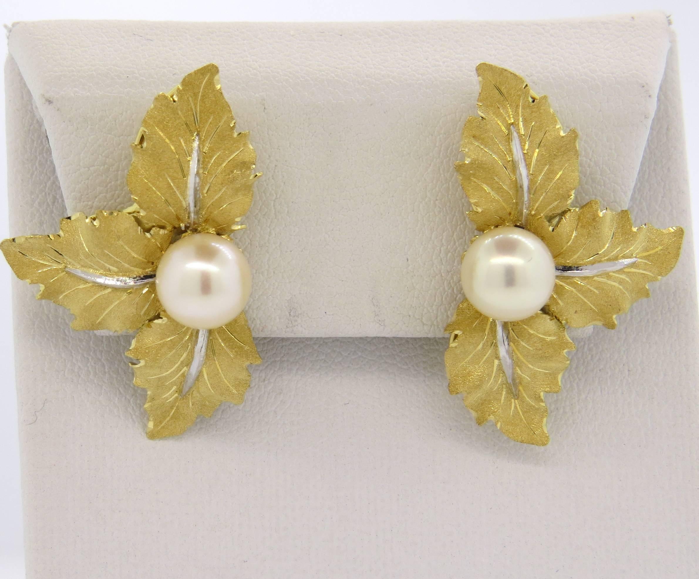 Buccellati Pearl Gold Leaf Motif Earrings  1