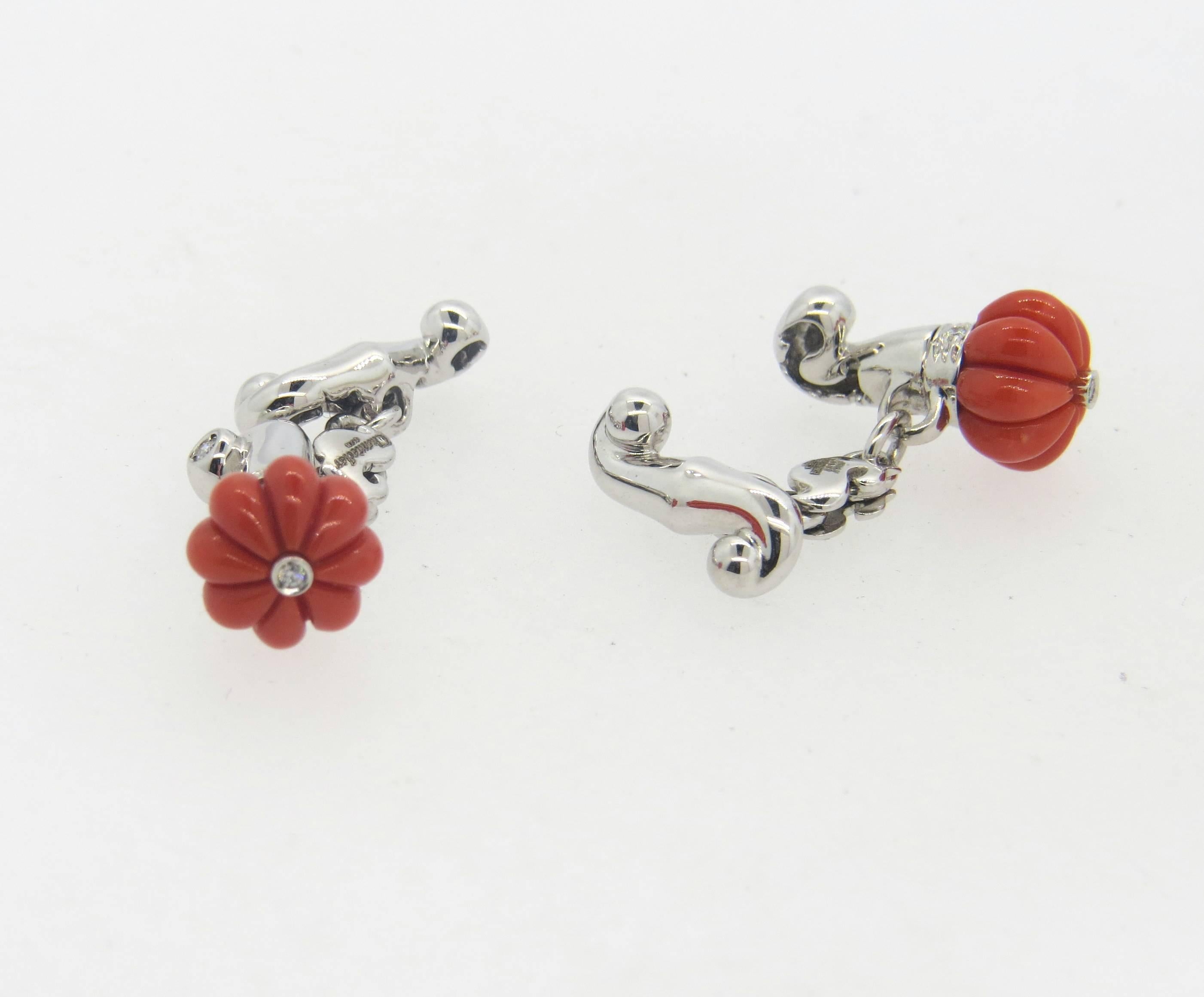 Men's Chantecler Carved Coral Diamond Gold Cufflinks  For Sale