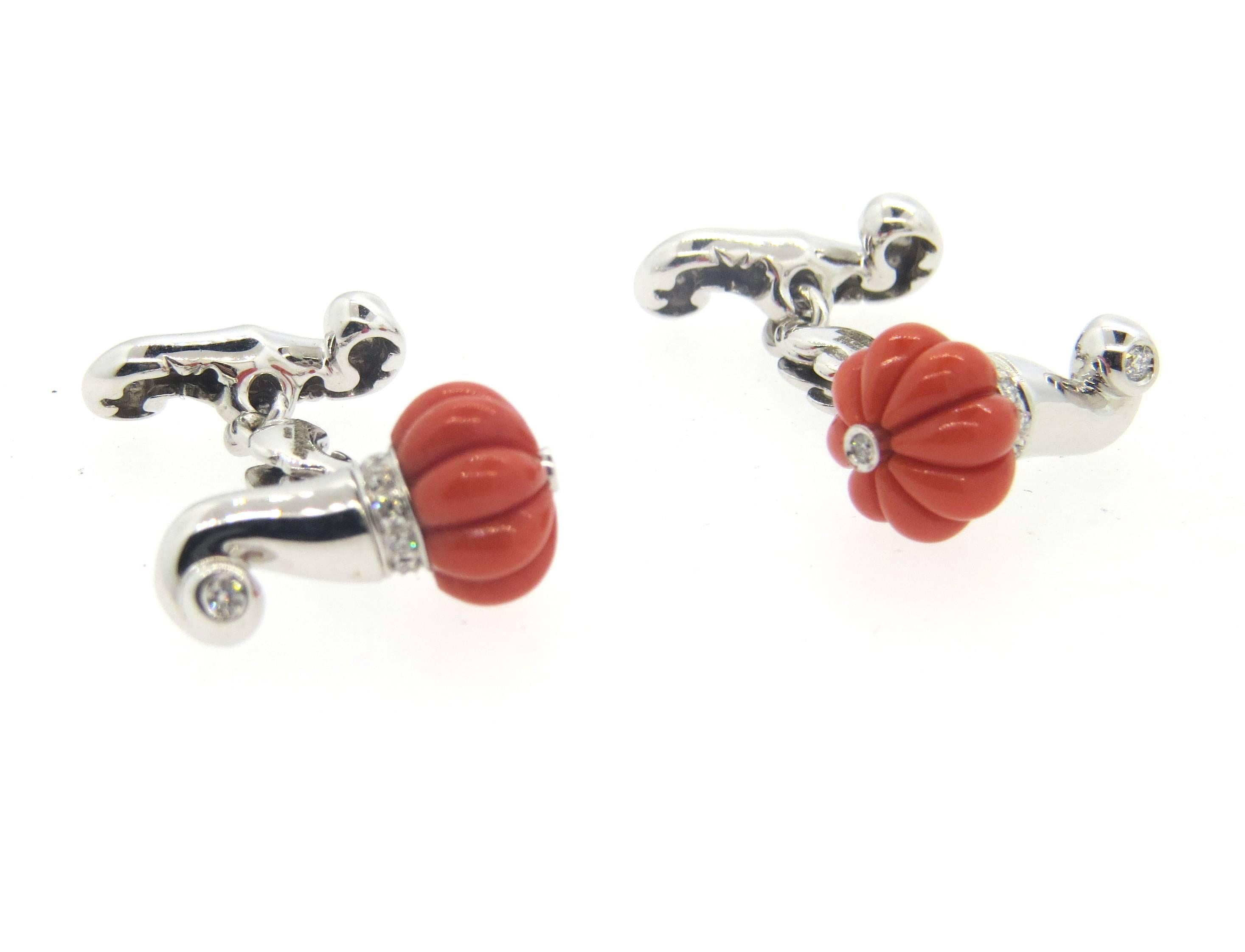Chantecler Carved Coral Diamond Gold Cufflinks  In New Condition For Sale In Lambertville, NJ