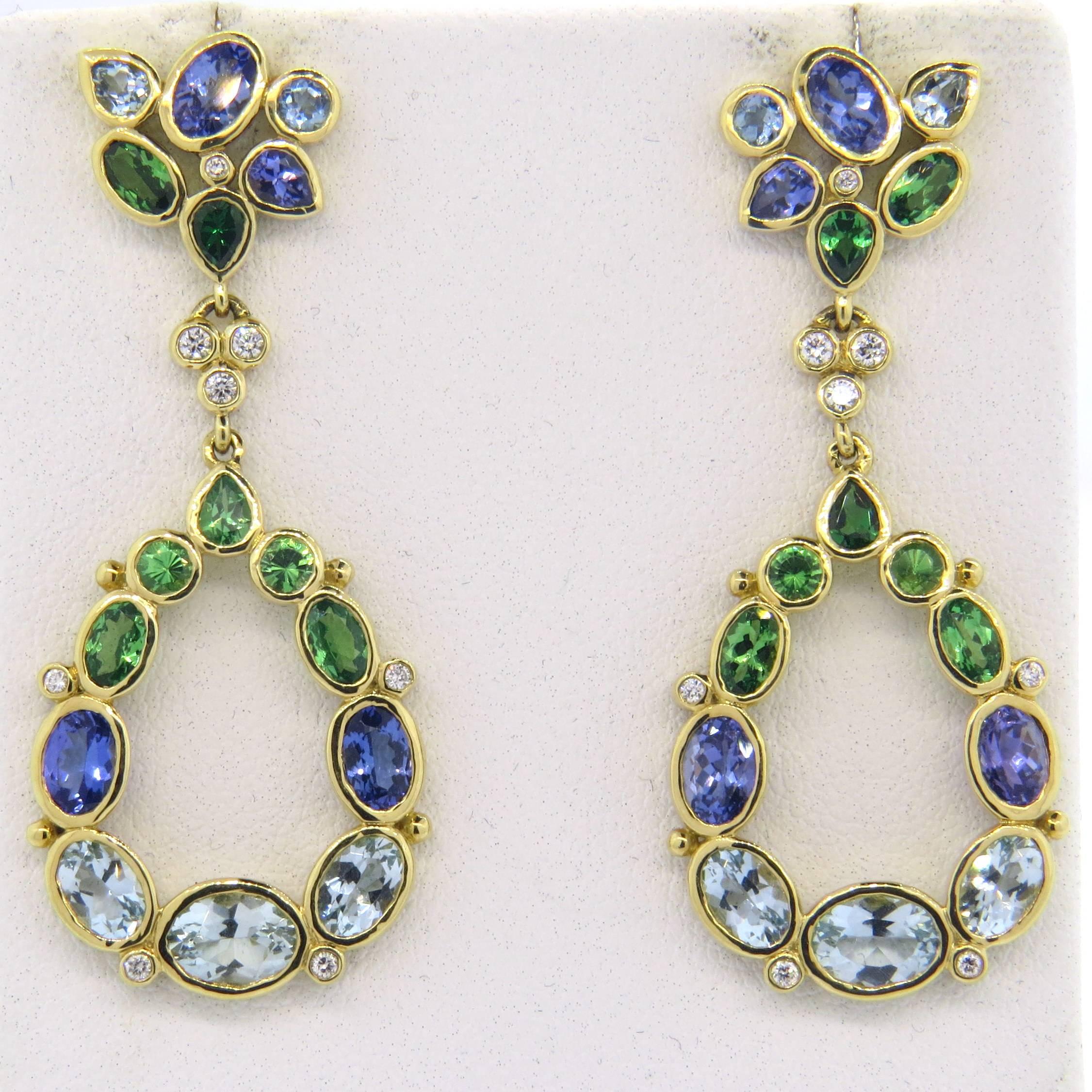 Temple St. Clair Anima Diamond Aquamarine Tsavorite Tanzanite Gold Earrings  1