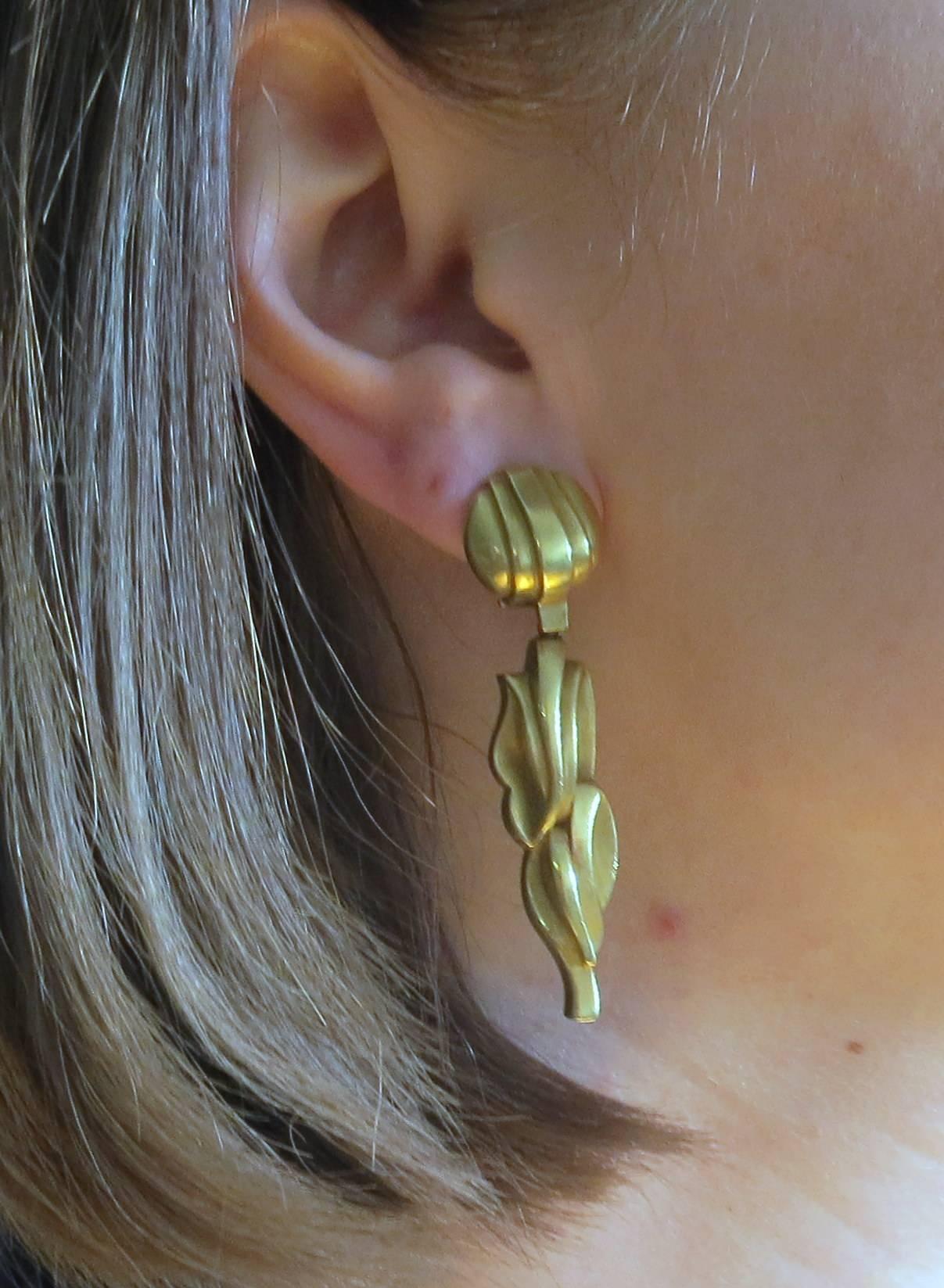 A pair of 18k yellow gold long drop earrings, crafted by Kieselstein Cord in circa 1980s. Earrings are 56mm long x 15mm wide. Marked Kieselstein Cord, 18k, 1983. Weight - 29.2 grams 