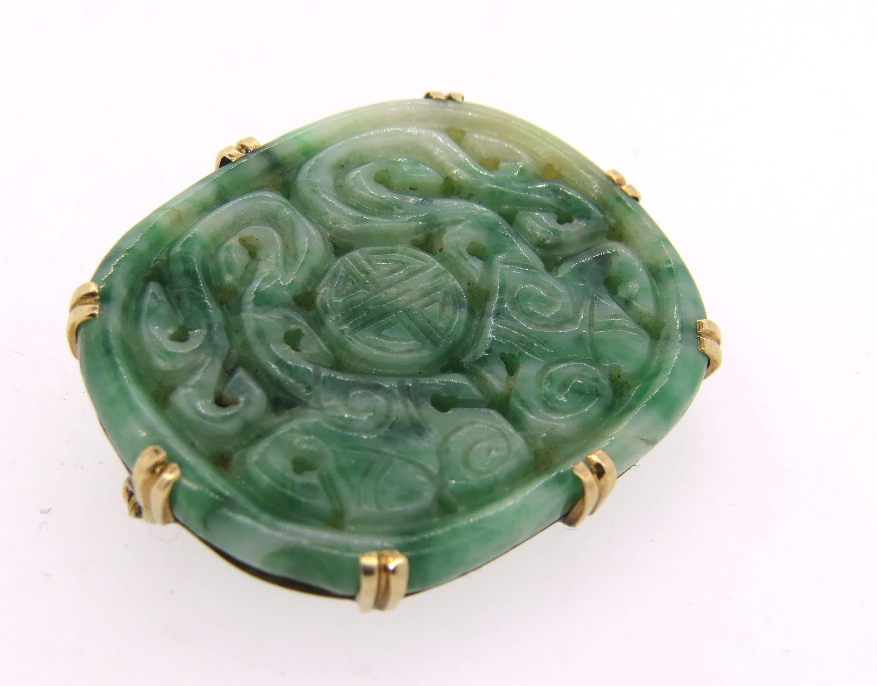 Women's Antique Carved Jade Gold Brooch Pin