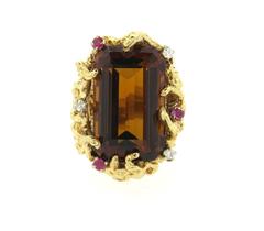 1970s Large Citrine Diamond Ruby Gold Free Form Ring