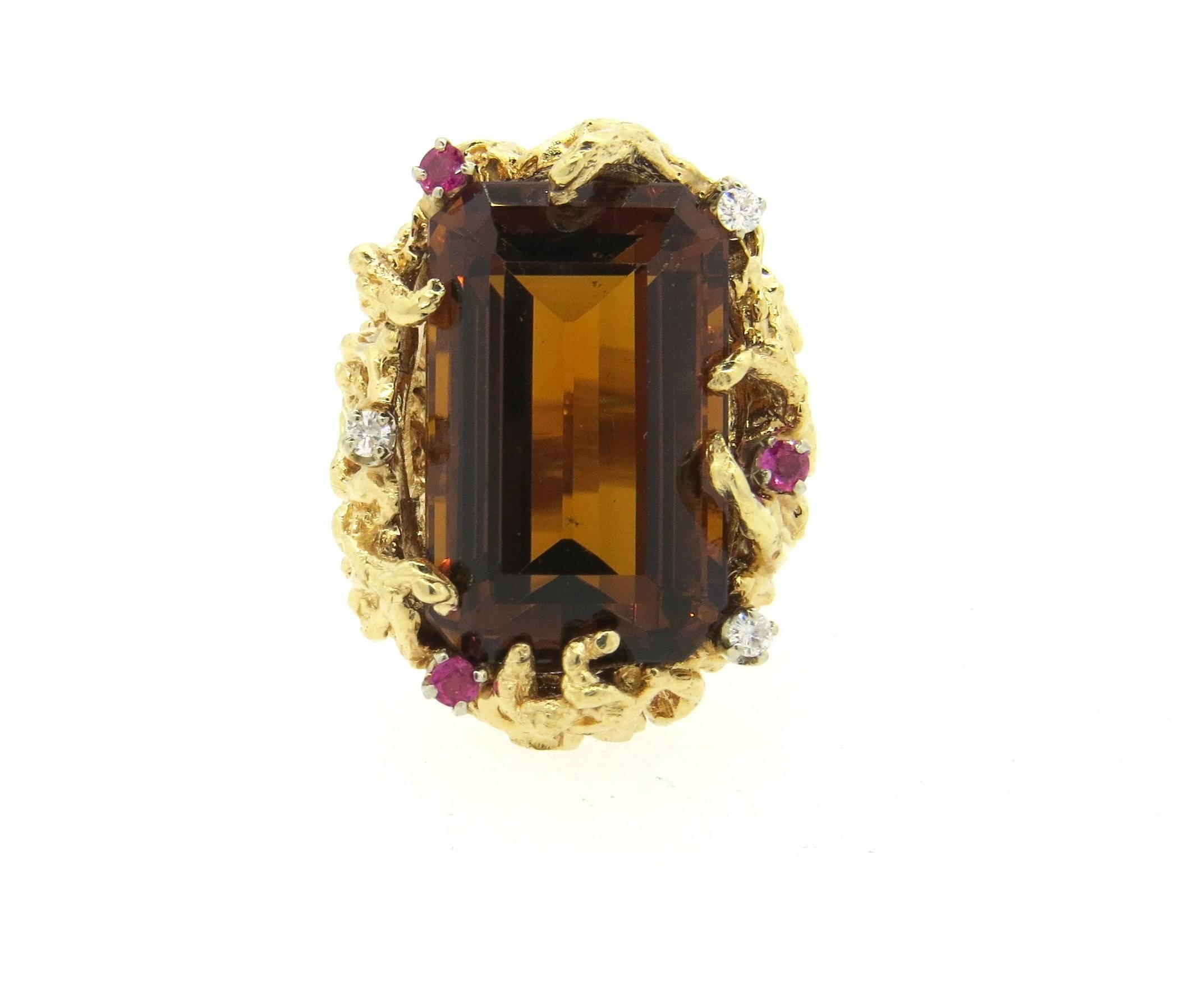 1970s Large Citrine Diamond Ruby Gold Free Form Ring  In Excellent Condition In Lambertville, NJ