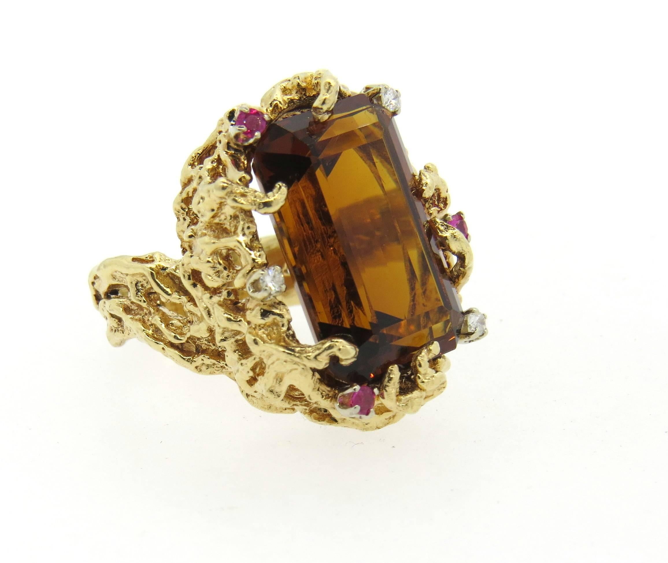 1970s Large Citrine Diamond Ruby Gold Free Form Ring  1