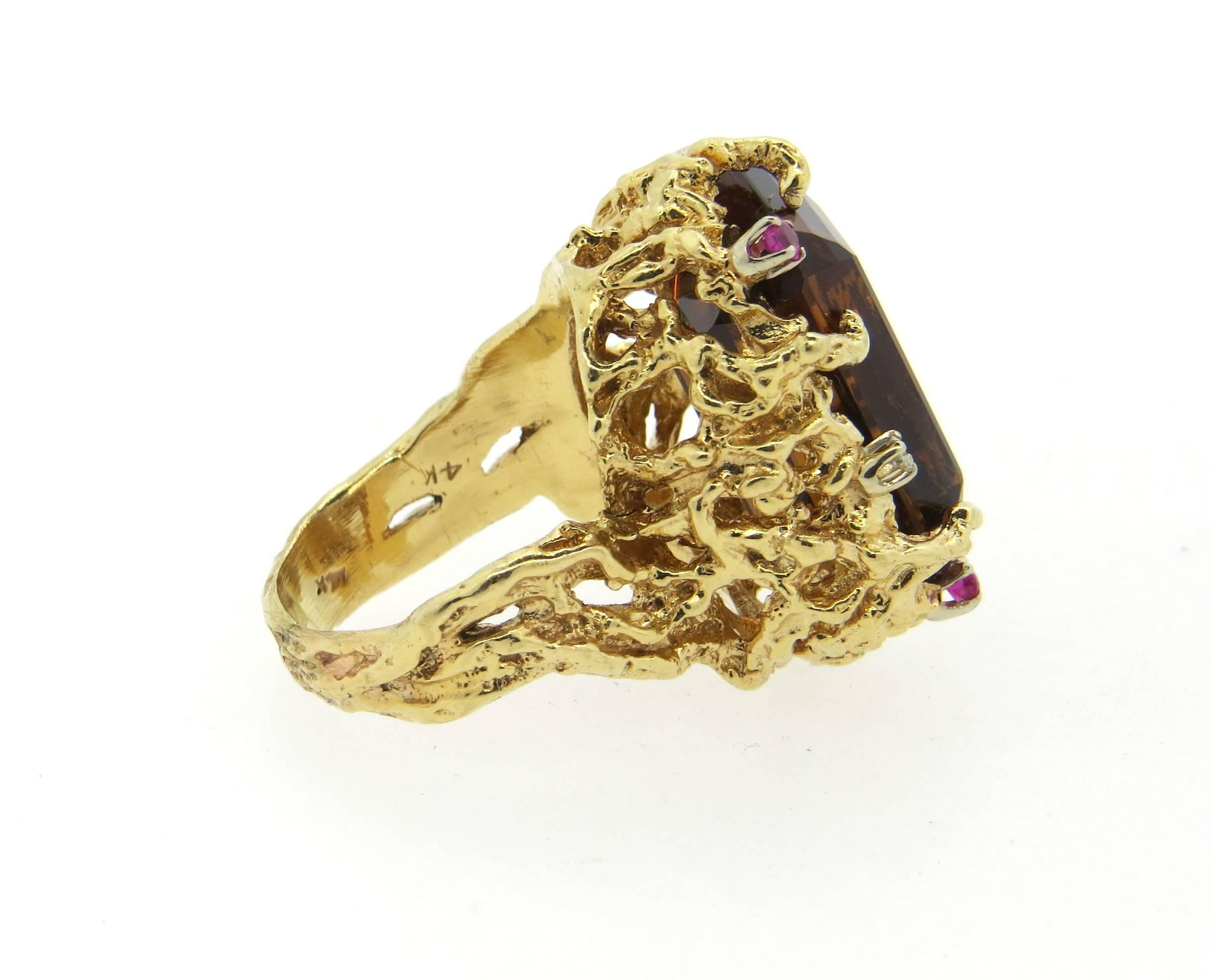 Women's 1970s Large Citrine Diamond Ruby Gold Free Form Ring 