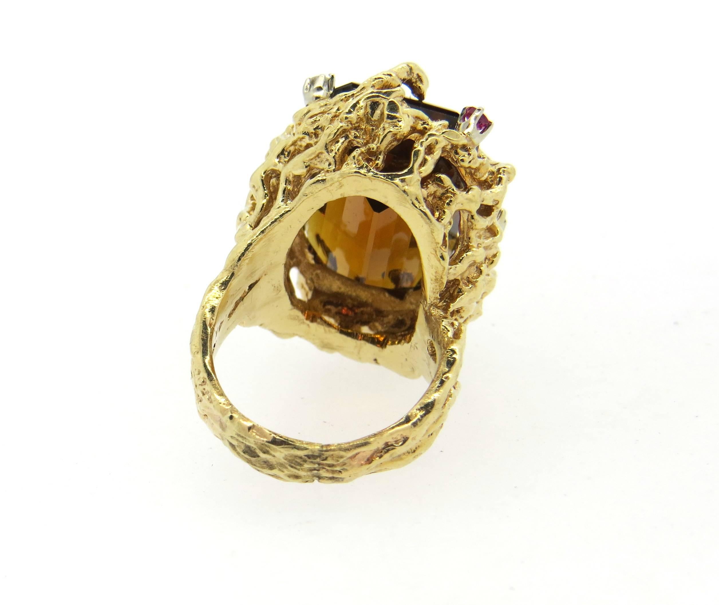 1970s Large Citrine Diamond Ruby Gold Free Form Ring  2
