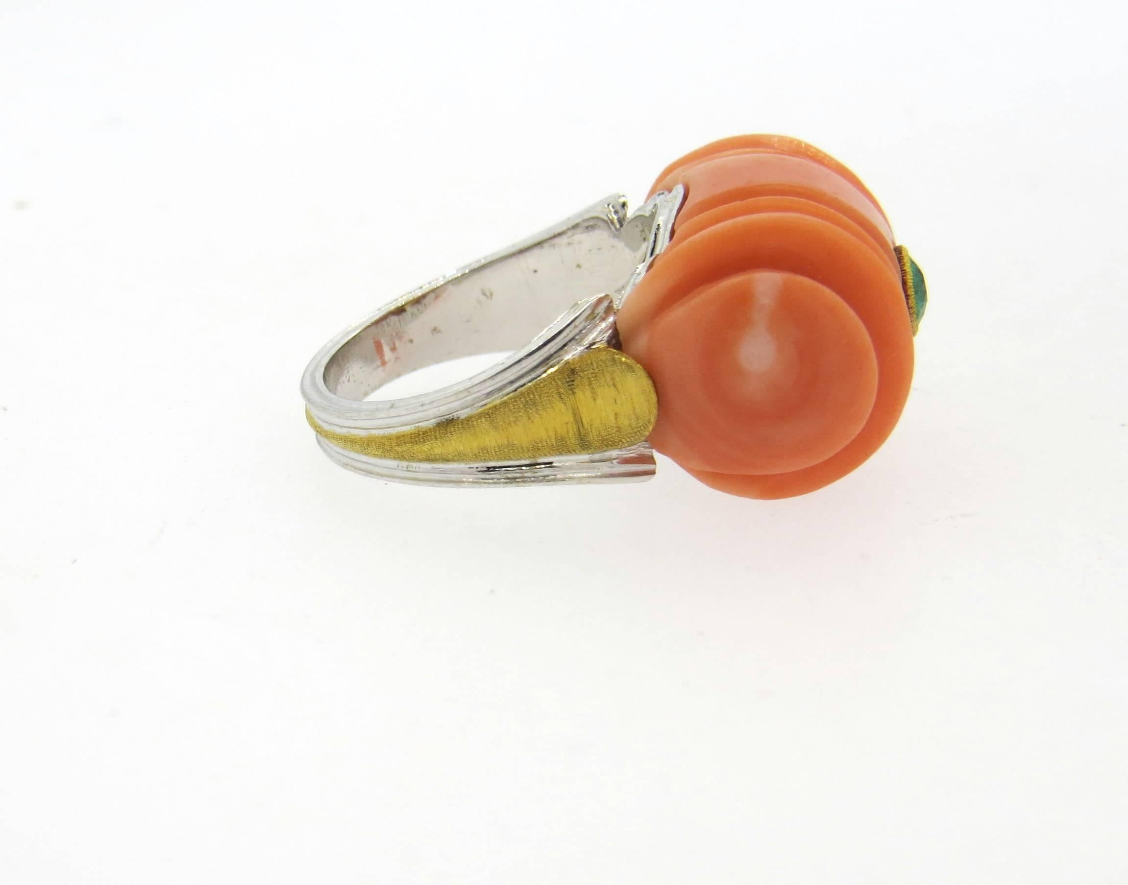 Impressive Buccellati Carved Coral Emerald Gold Ring  In Excellent Condition In Lambertville, NJ