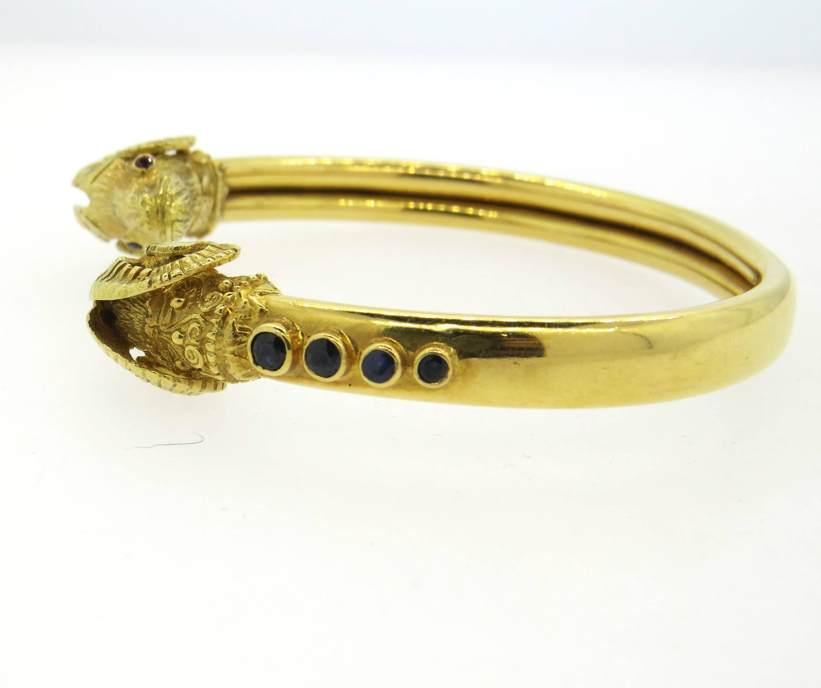 Women's Ilias Lalaounis Sapphire Ruby Gold Ram's Head Bangle Bracelet 